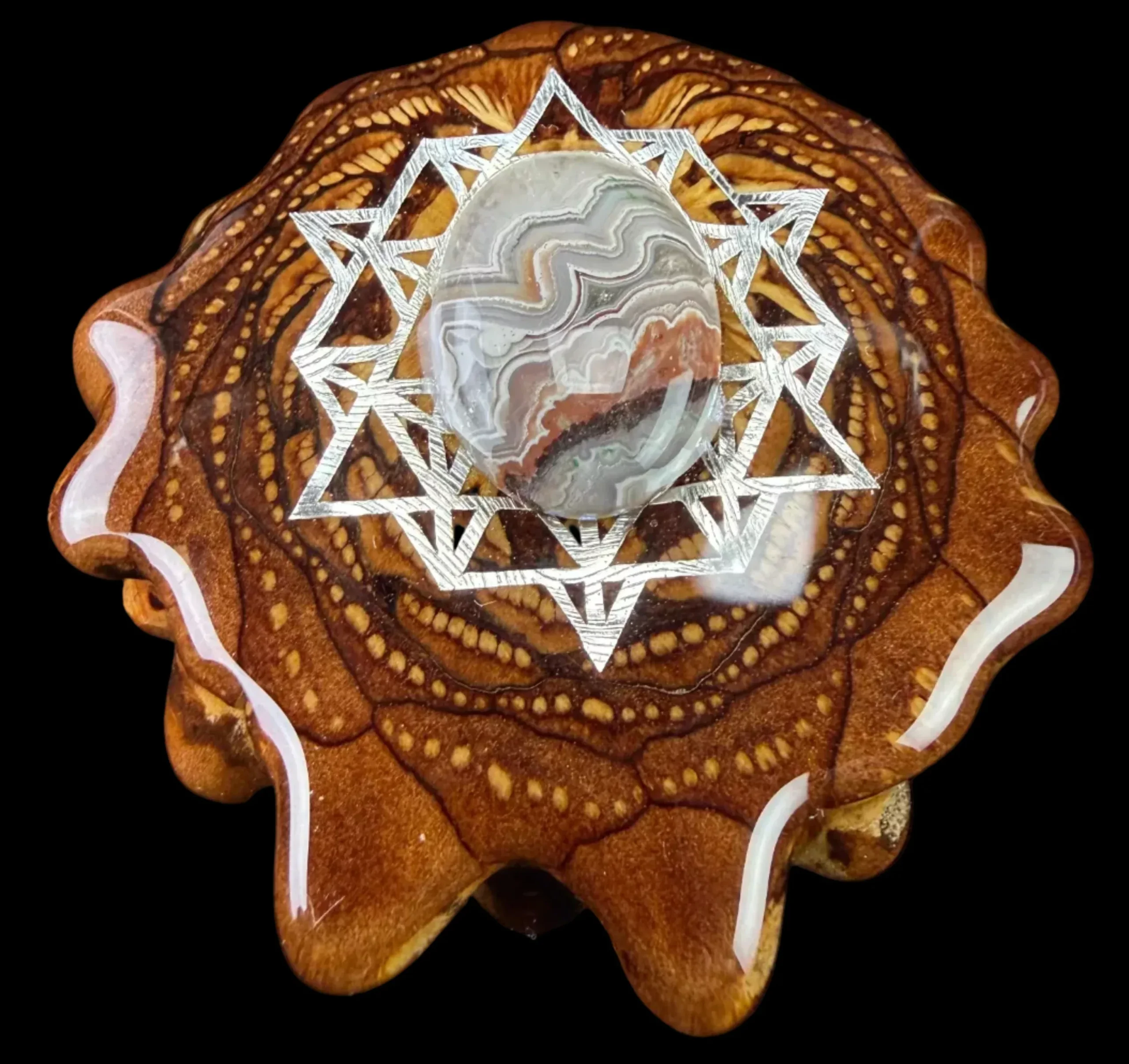 Crazy Lace Agate W/ Silver 64 Star Tetrahedron Pendant by Third Eye Pinecones