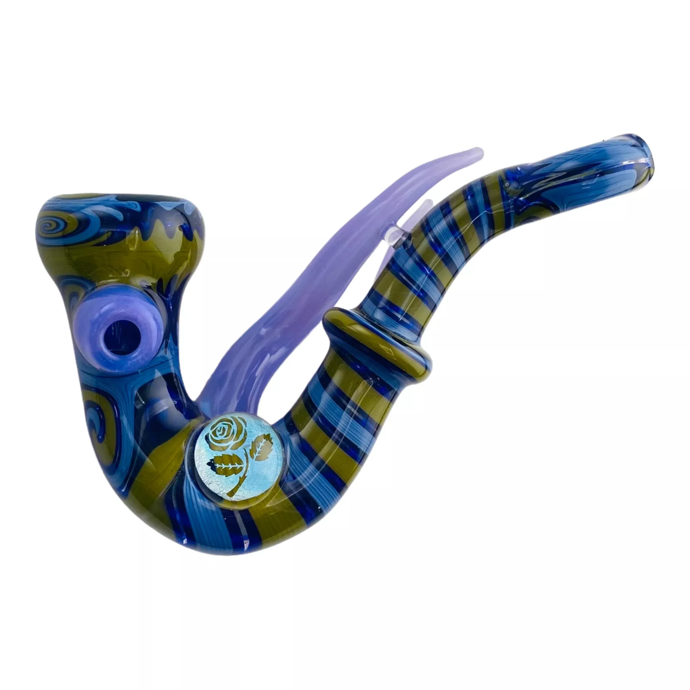 Custom Glass Sherlock Hand Pipe With Purple Horns And Blue And Yellow Wig Wag
