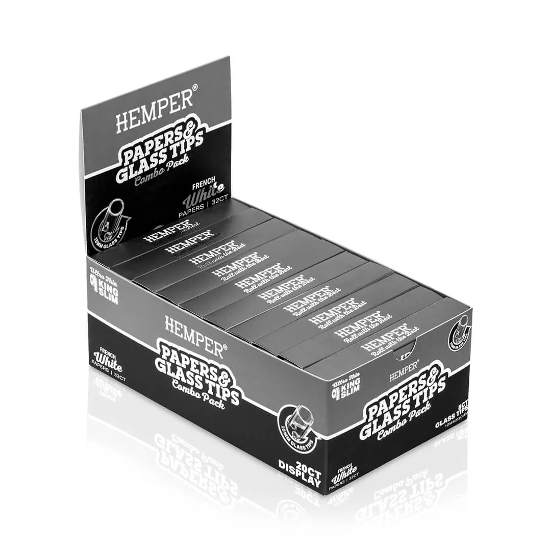 DISPLAY - Hemper King Size Classic White Paper Booklet + 10mm Glass Tips - 20ct
