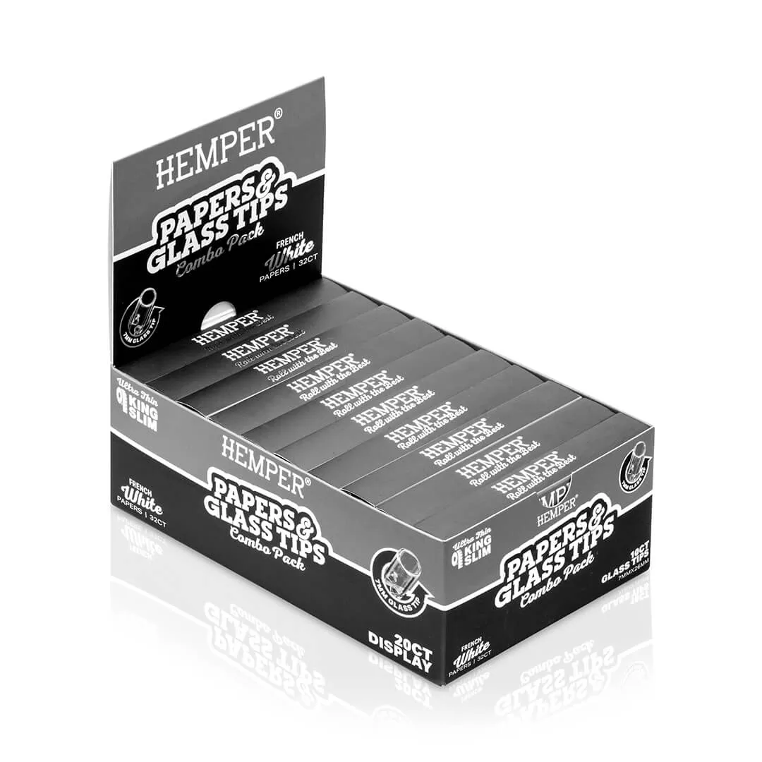 DISPLAY - Hemper King Size Classic White Paper Booklet + 7mm Glass Tips - 20ct