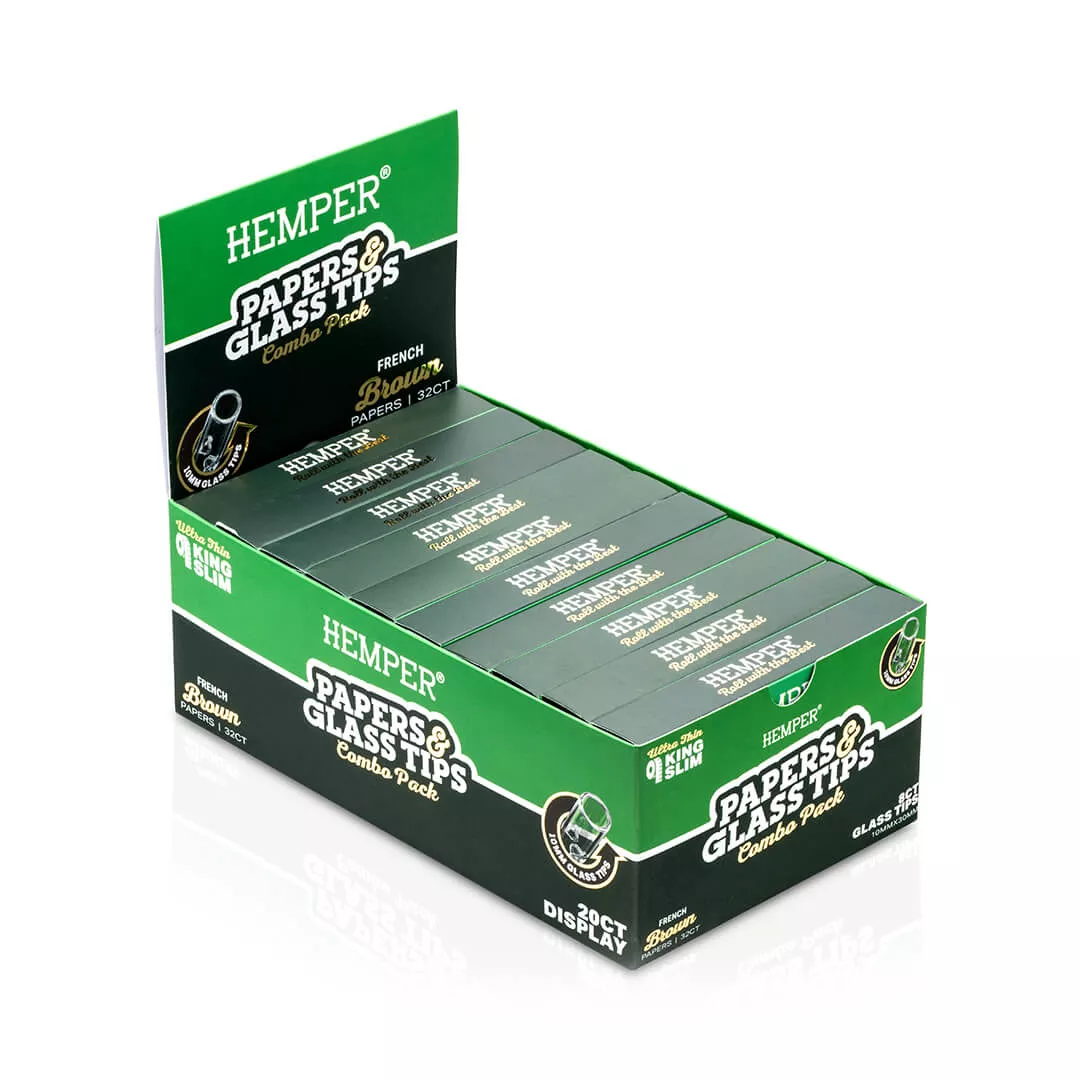 DISPLAY - Hemper King Size Natural Brown Paper Booklet + 10mm Glass Tips - 20ct