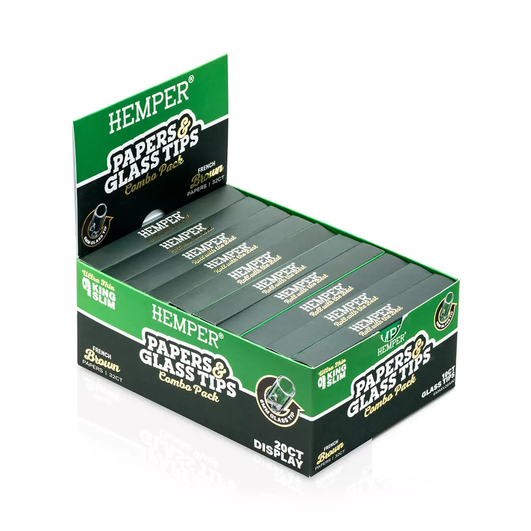 DISPLAY - Hemper King Size Natural Brown Paper Booklet + 6MM Glass Tips - 20ct