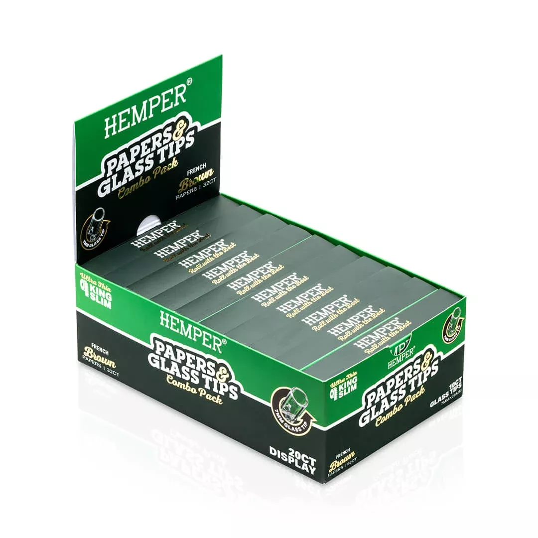 DISPLAY - Hemper King Size Natural Brown Paper Booklet + 7mm Glass Tips - 20ct