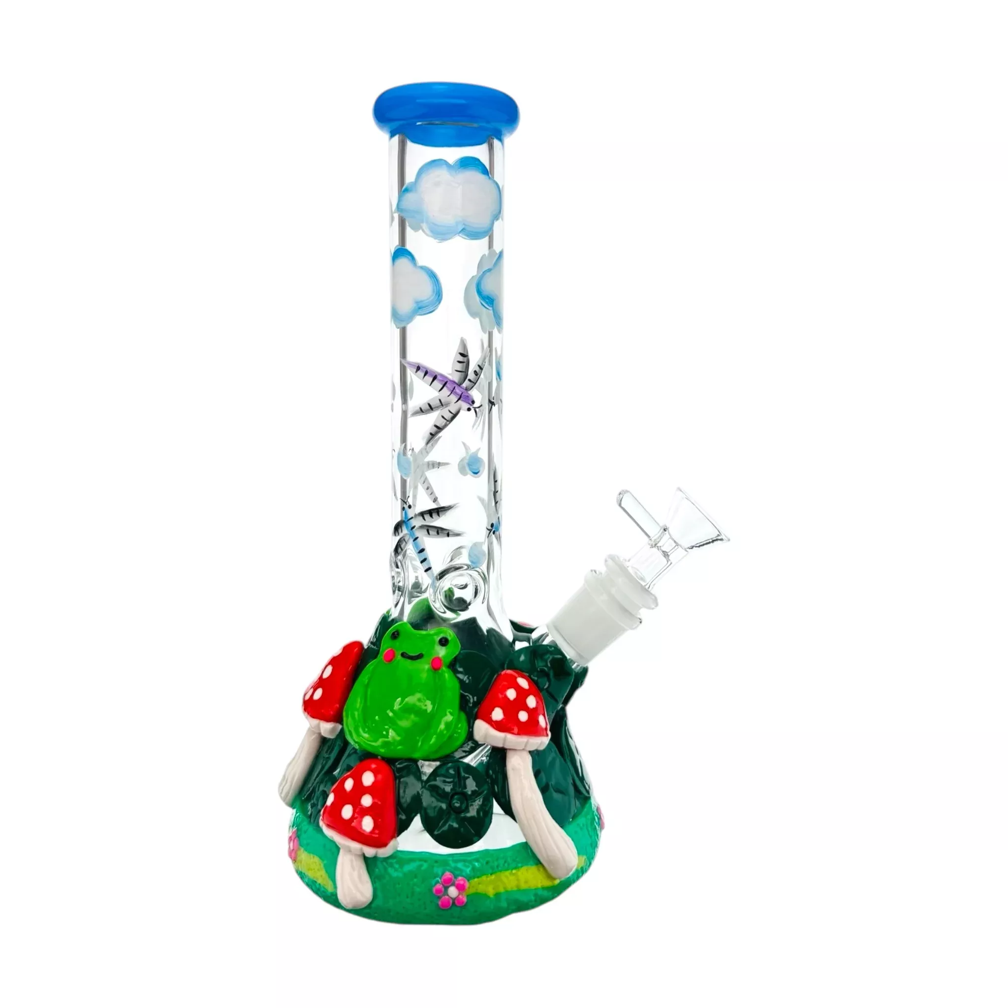 Frog On Lilly Pad With Mushrooms And Dragonflies Glass Beaker Bong 10 Inches