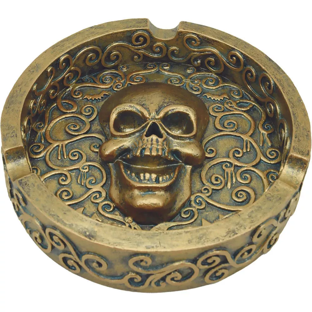 Fujima Royal Bronze Skull Polystone Ashtray 5"
