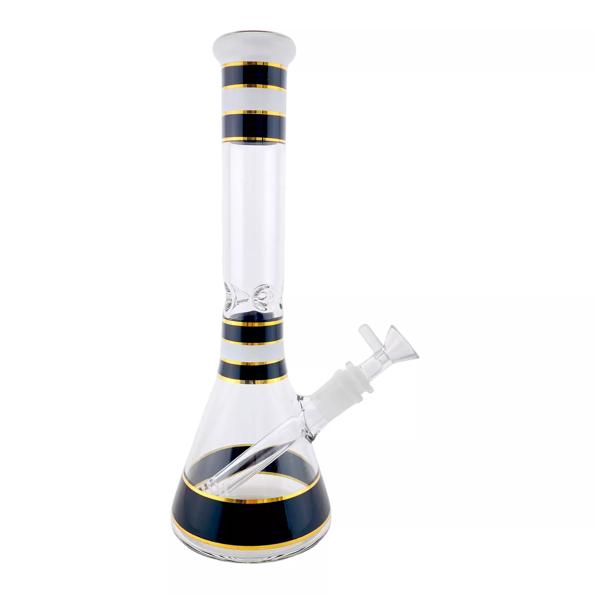 Glass Beaker Bong With Black, White, And Gold Accents 12 Inch