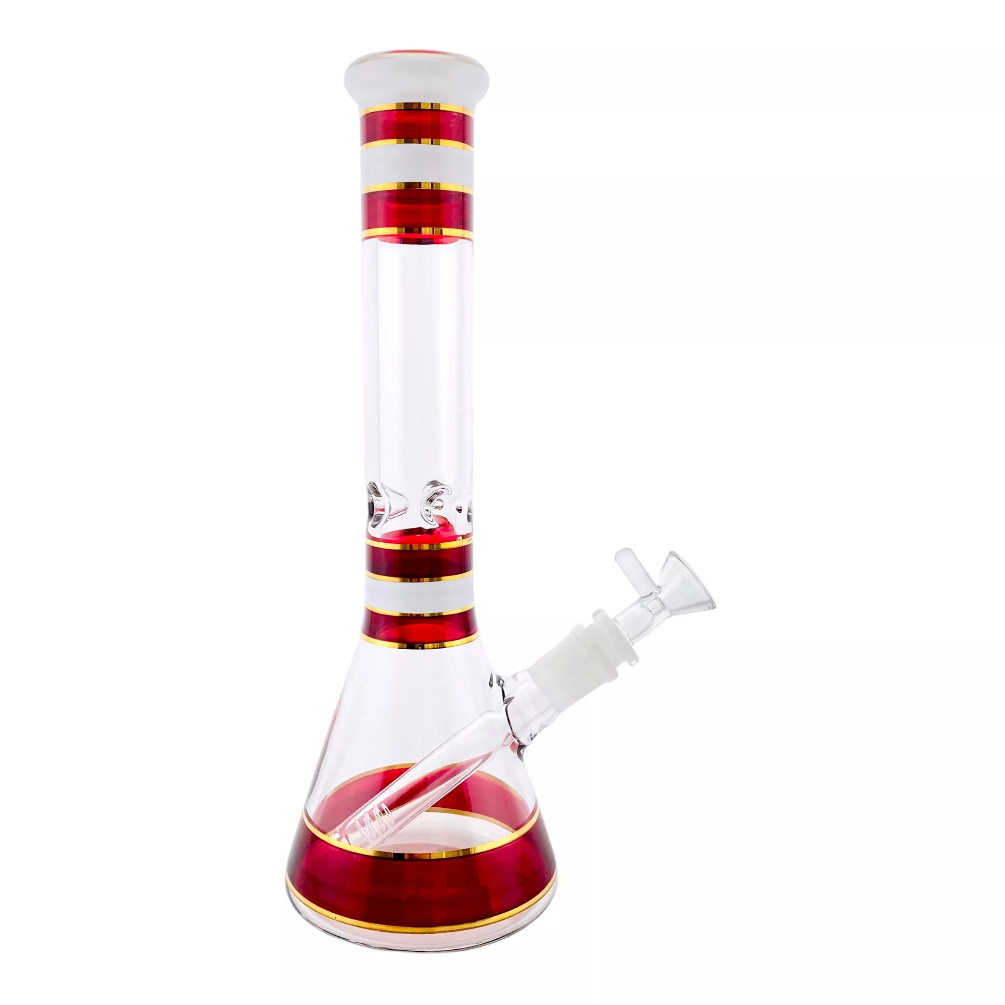 Glass Beaker Bong With Red, White, And Gold Accents 12 Inch