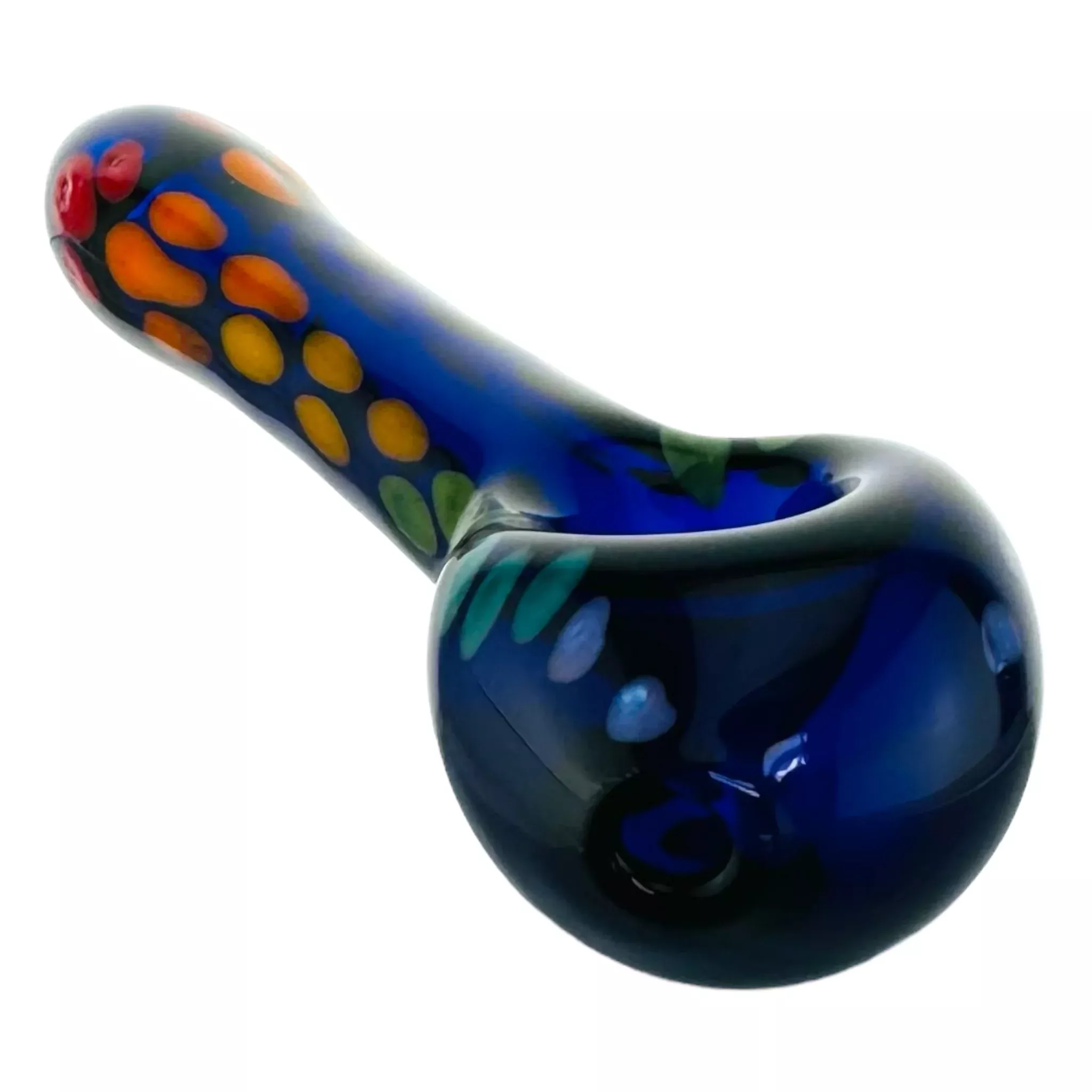 Glass Hand Pipe Blue With Rainbow Color Dots And Front Carb Hole