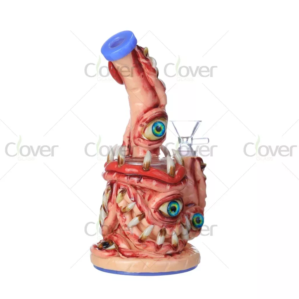 Glow Fanged Monster 3D Painted Bong – 7.87″ Thick Glass Water Pipe with UV Eyes & Claw Design