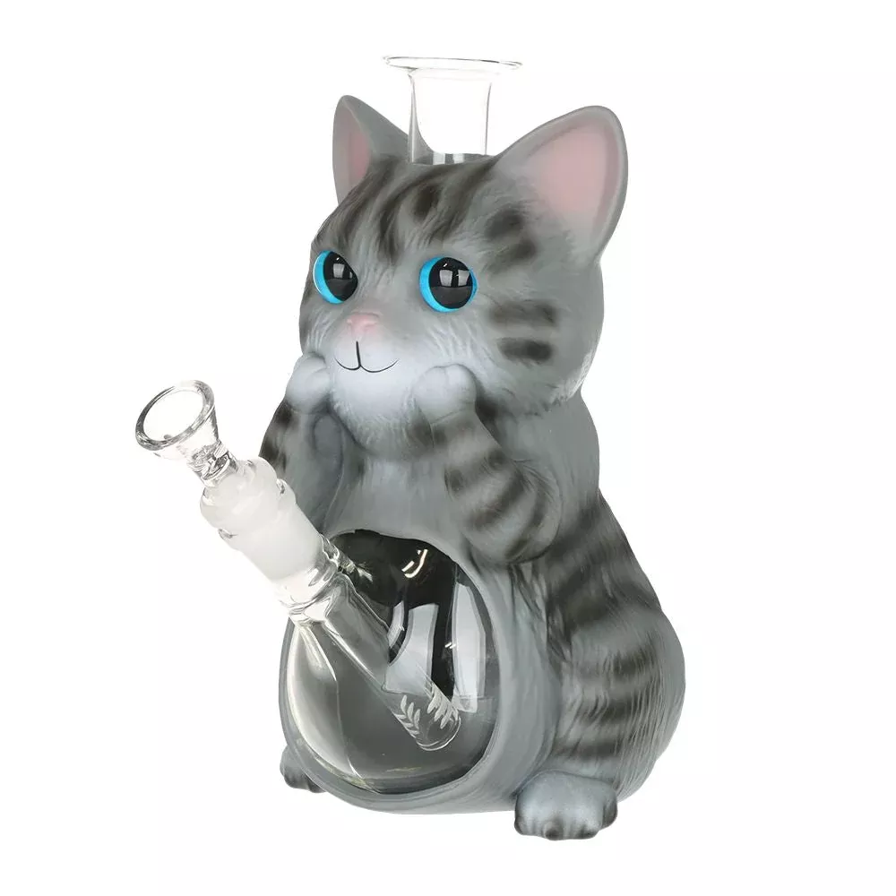 Grey Tabby Cat Glass Bong with Vinyl Finish & 14mm Handle Bowl
