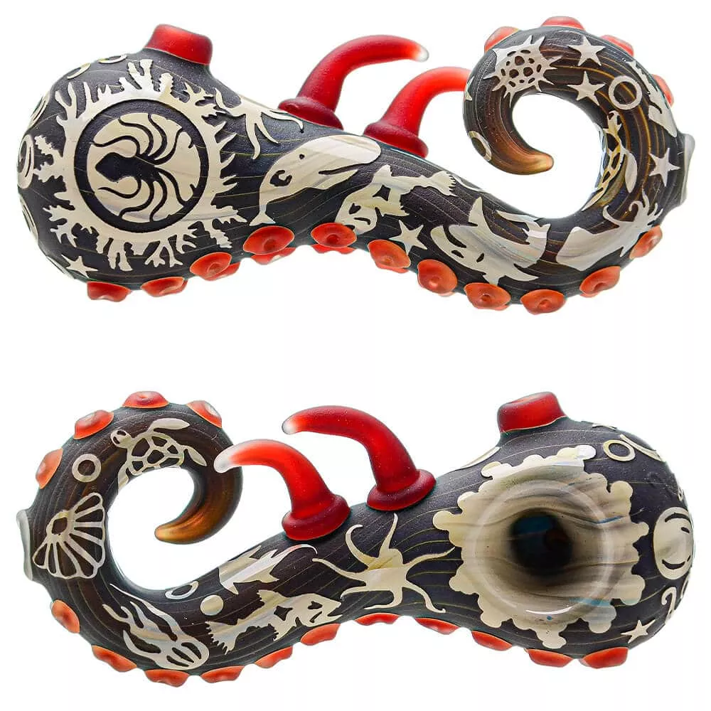Heady Octopus Hand Pipe W/ Sandblasted Sealife Designs | Calibear