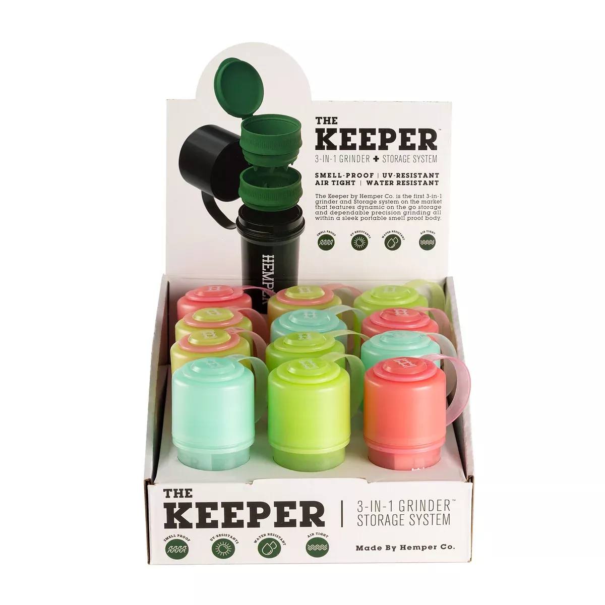 Hemper - The Keeper 3-in-1 Grinder + Storage Container Glow In The Dark Color Display- 12 Count