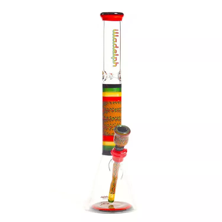 Illadelph Glass - Worked Medium Beaker - Rasta w/ Gold Sparkle