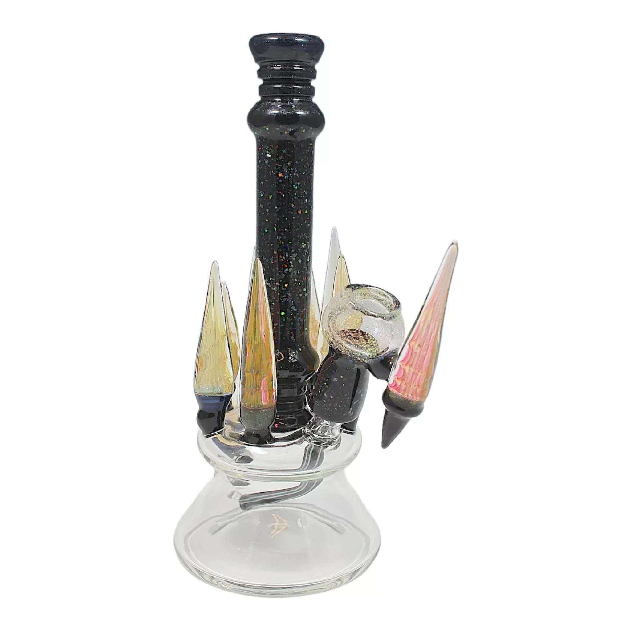 Joel Halen Glass Crushed Opal Minitube With Multiple Fumed Horns And Matching Tool Dab Set