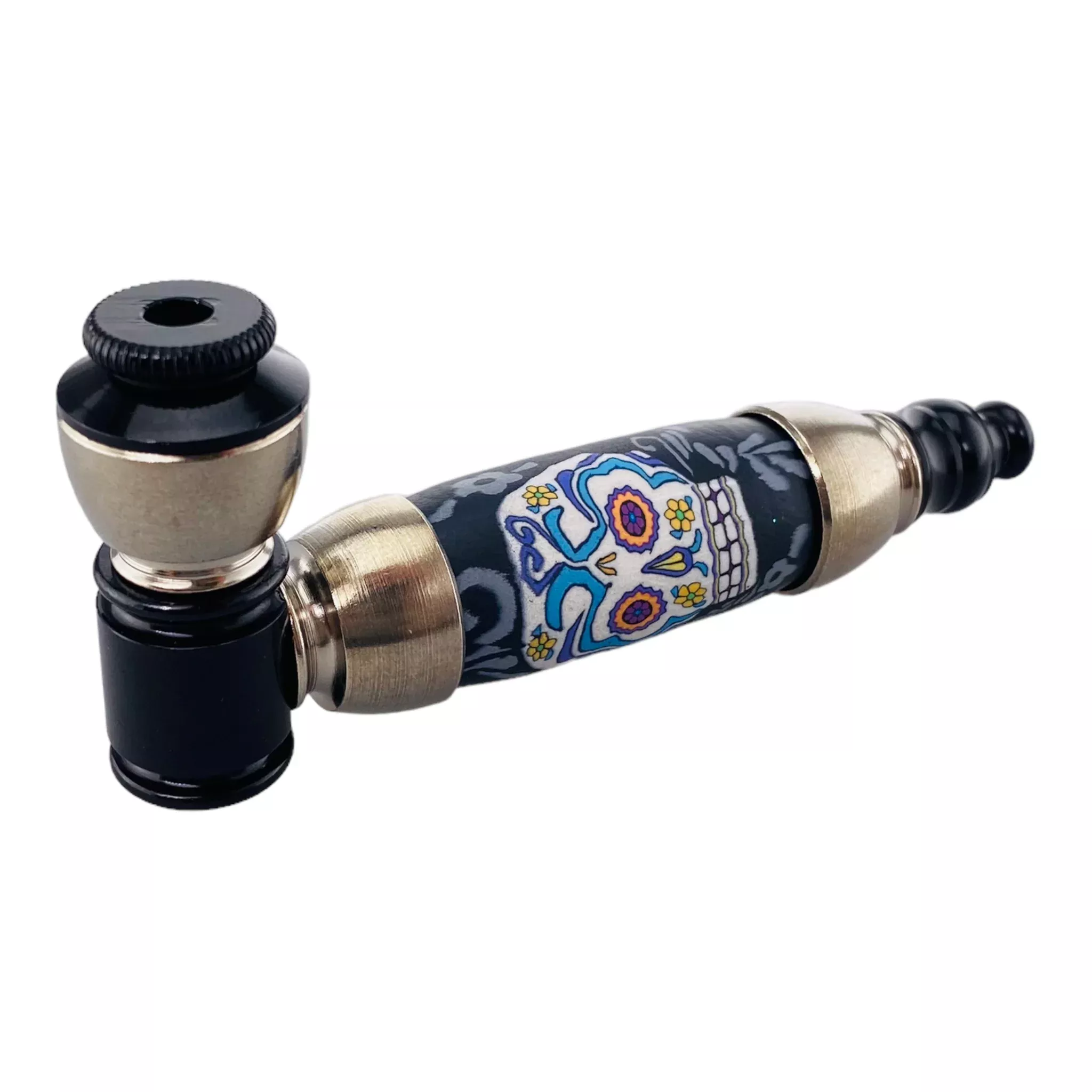 Large Chamber Silver And Black With Candy Skull Metal Hand Pipe