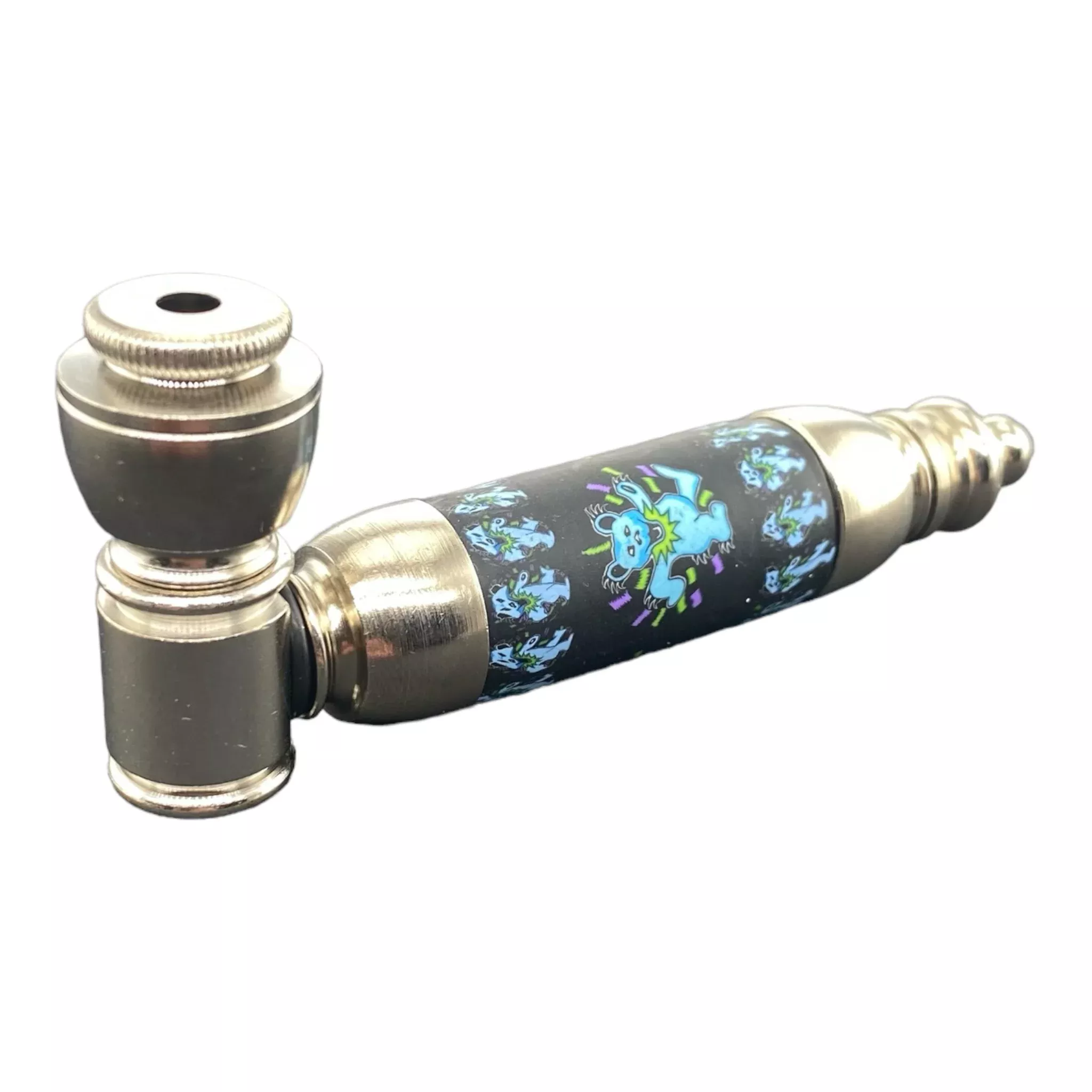 Large Chamber Silver Chrome With Blue Dancing Bears Metal Hand Pipe