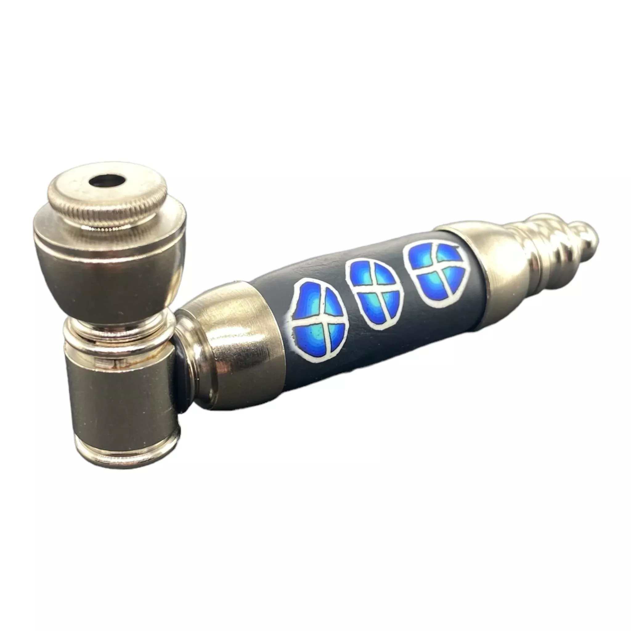 Large Chamber Silver Chrome With Blue Peace Signs Metal Hand Pipe