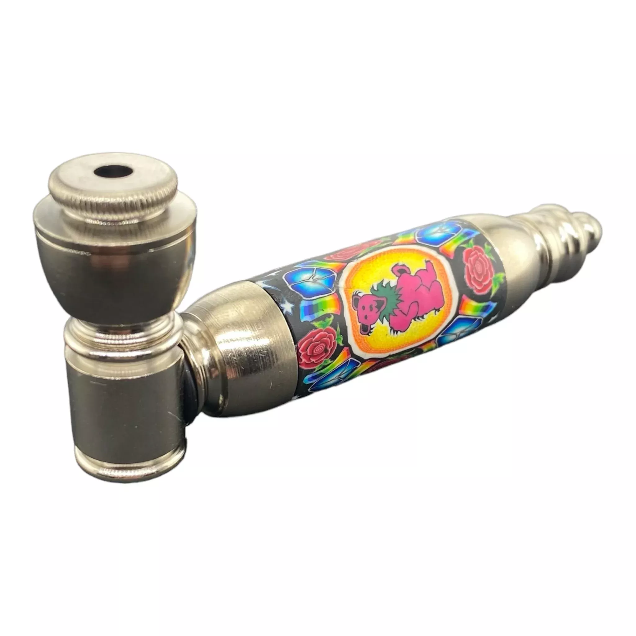 Large Chamber Silver Chrome With Dancing Bear Metal Hand Pipe