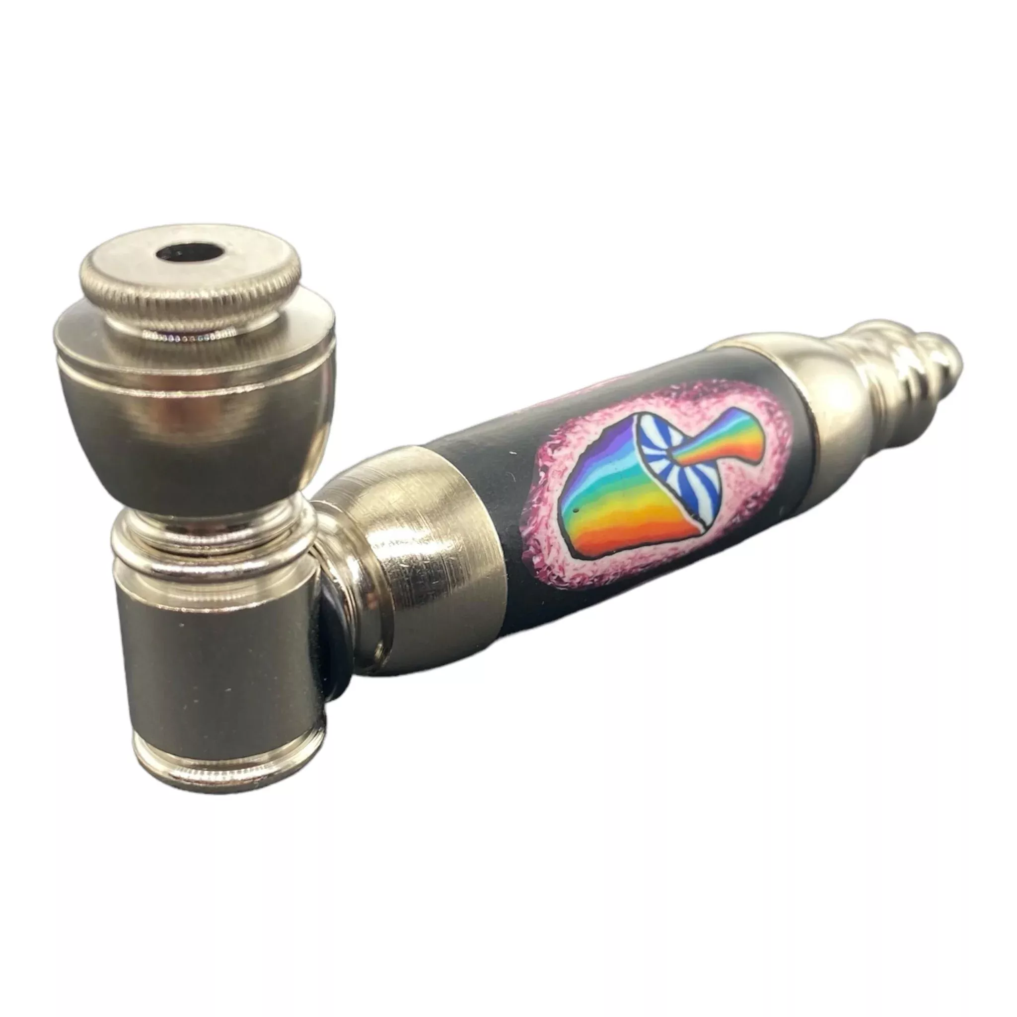 Large Chamber Silver Chrome With Magical Mushroom Metal Hand Pipe