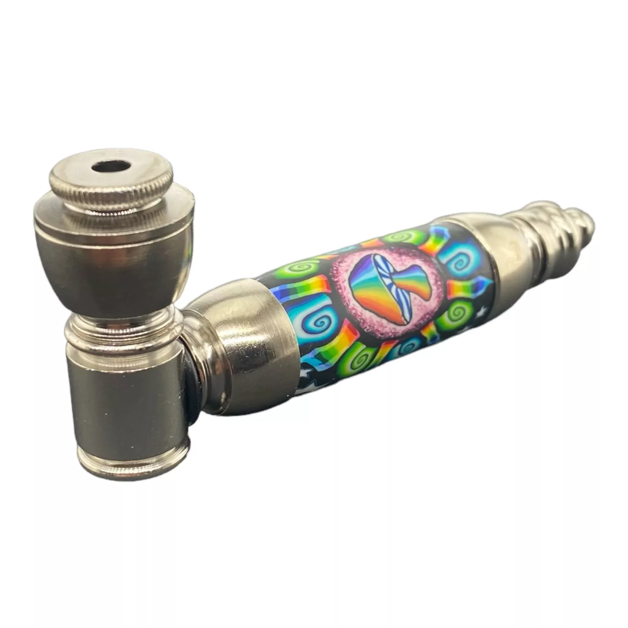 Large Chamber Silver Chrome With Rainbow Blast Mushroom Metal Hand Pipe