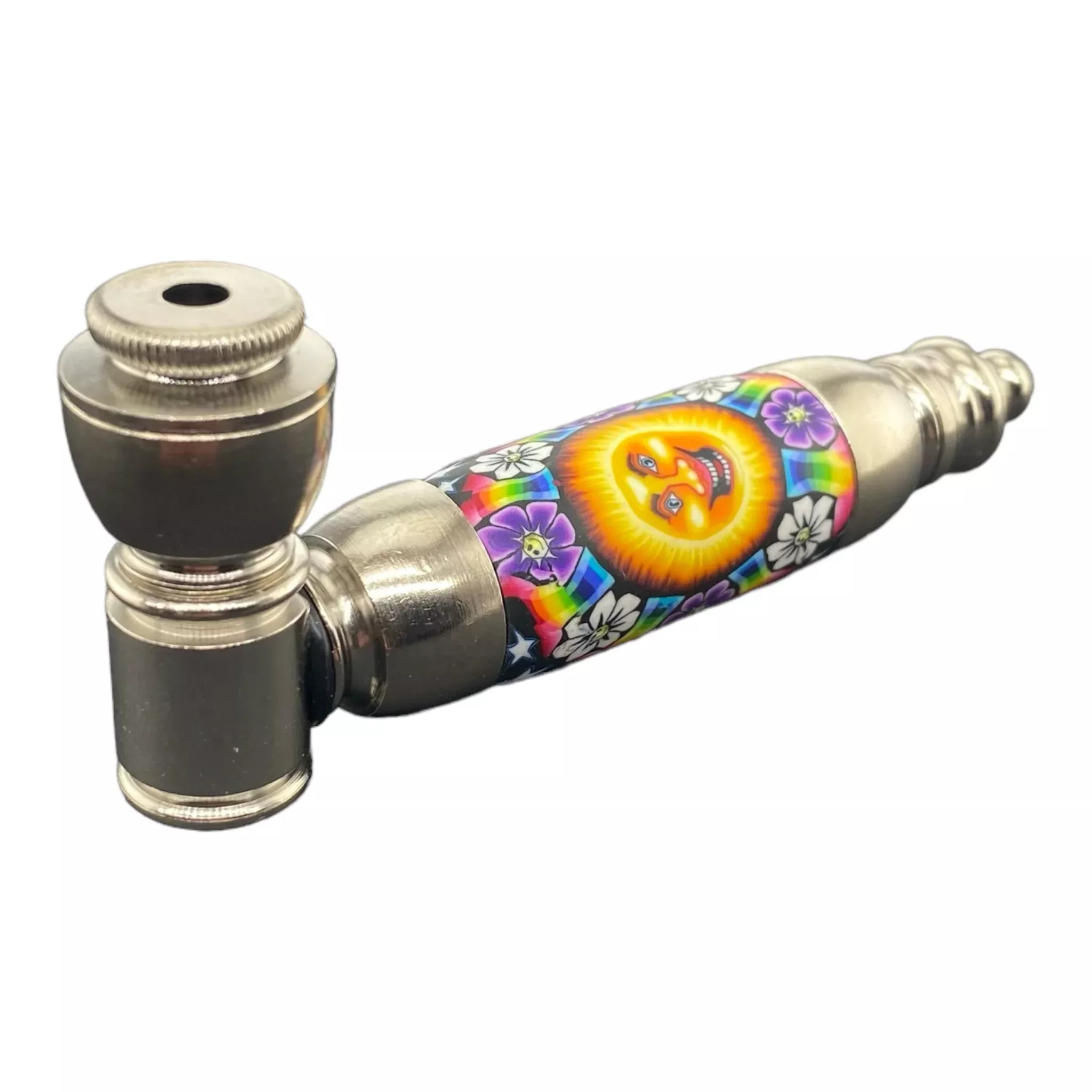 Large Chamber Silver Chrome With Sun And Flowers Metal Hand Pipe