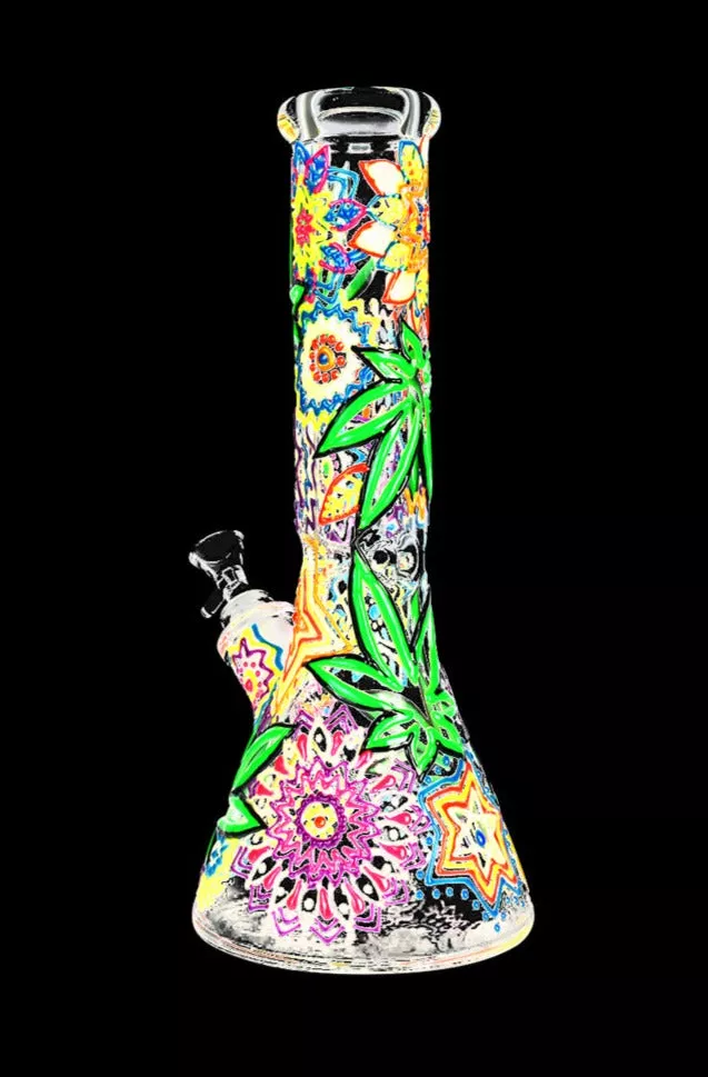 Mandala Hemp Leaf Glow In The Dark Beaker Bong