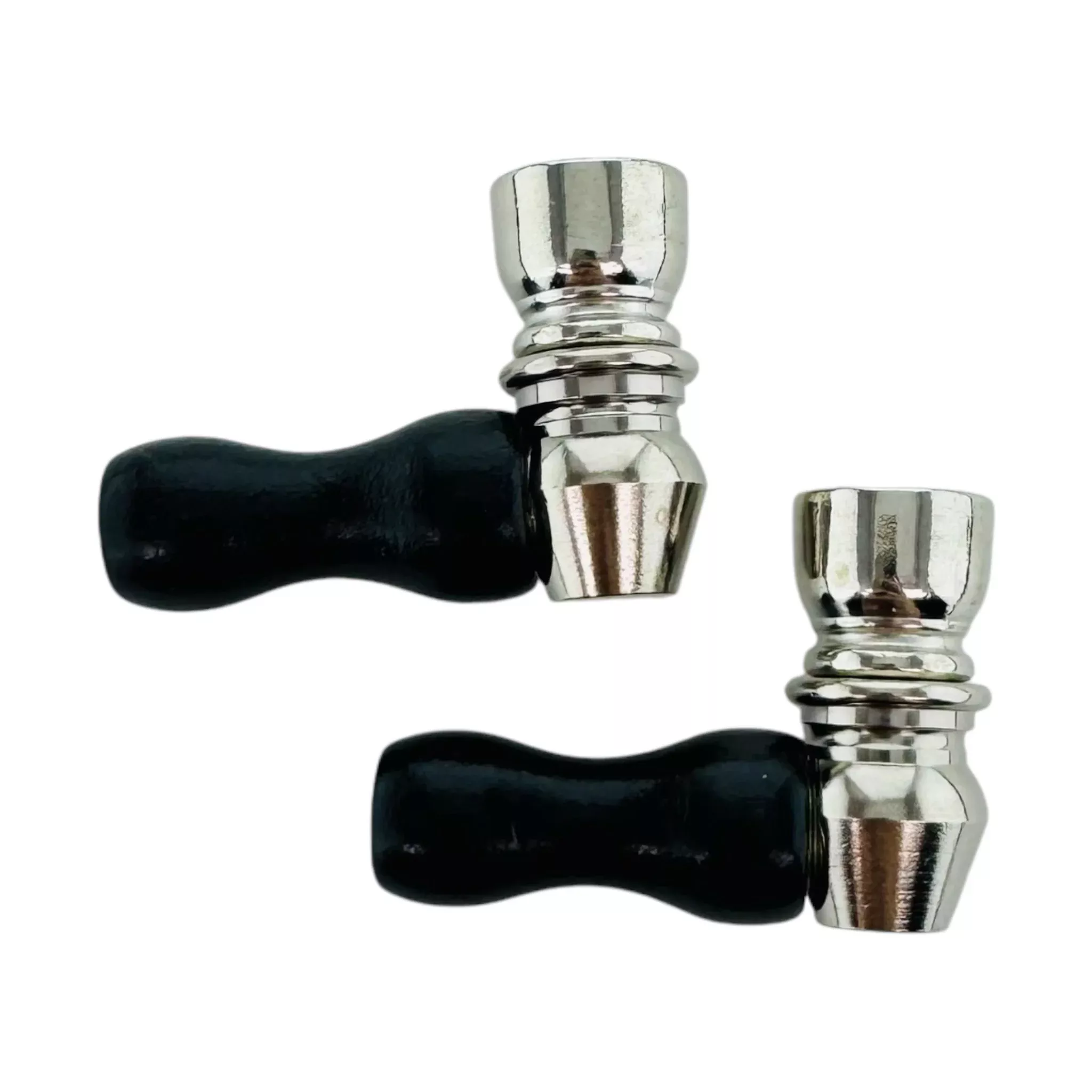 Metal Hand Pipes - Mini One Hitter Hand Pipe With Wood Mouthpiece - 2 Pack - Black Mouthpiece