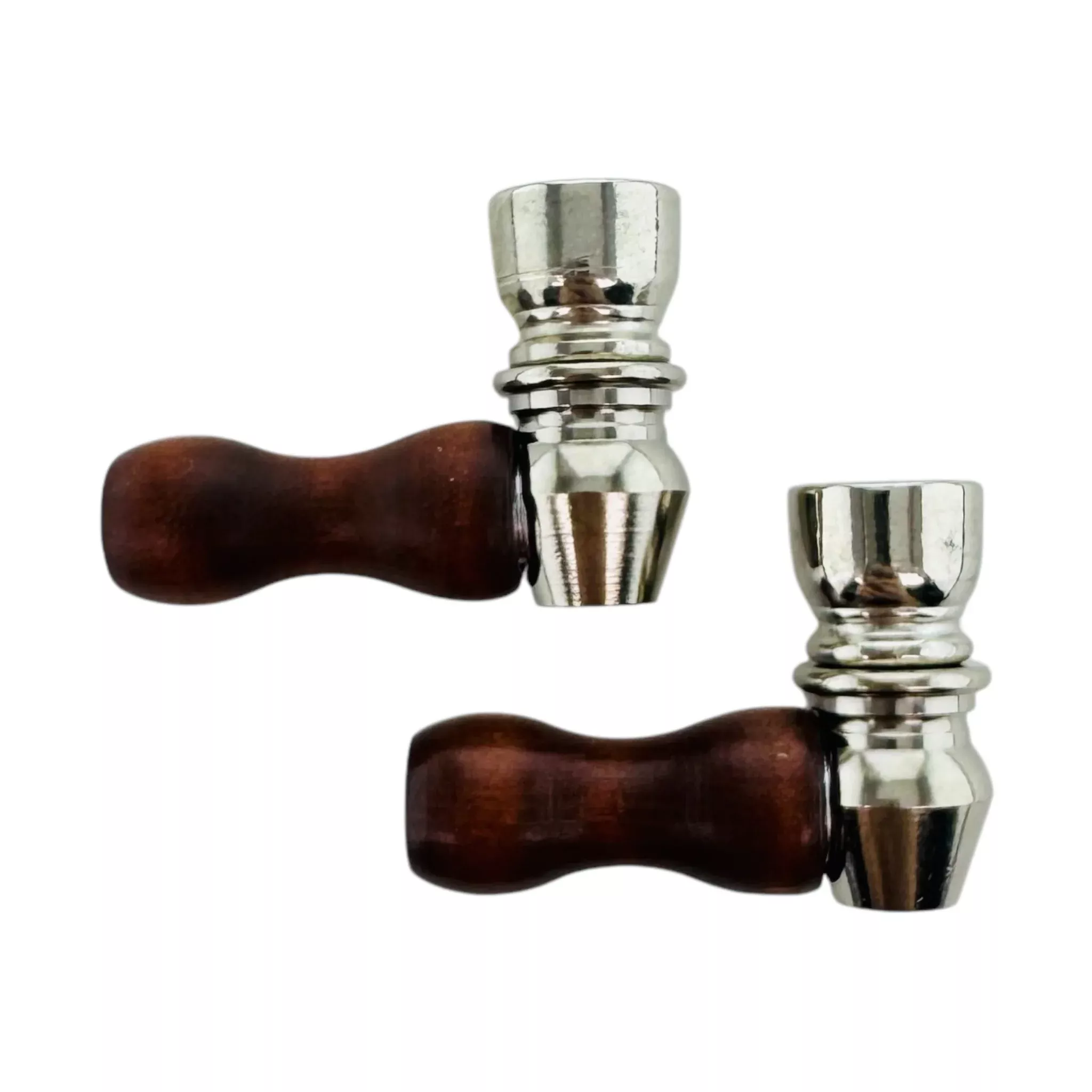 Metal Hand Pipes - Mini One Hitter Hand Pipe With Wood Mouthpiece - 2 Pack - Brown Mouthpiece