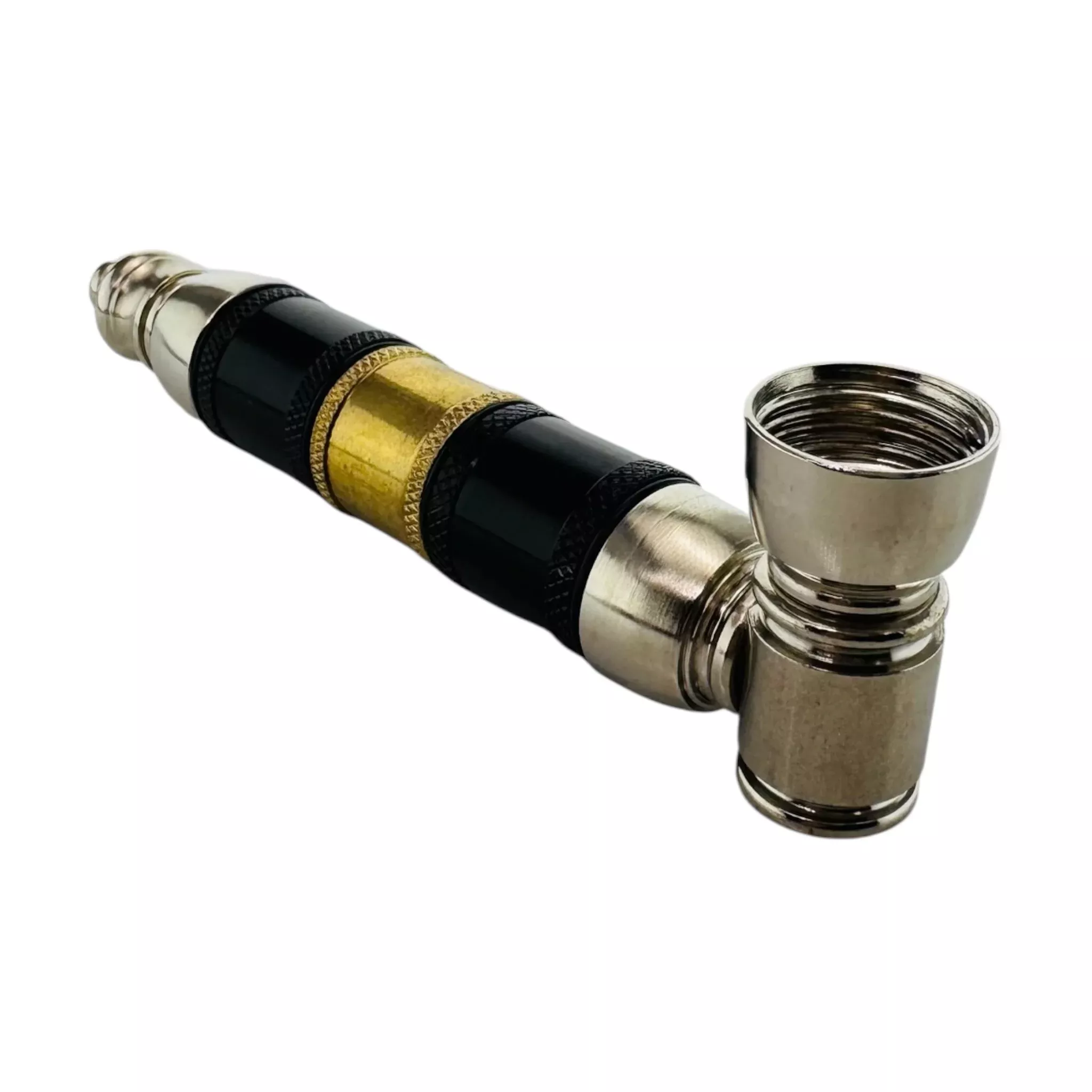 Metal Hand Pipes - Silver Black And Gold Extra Large Extended Chamber Hand Pipe
