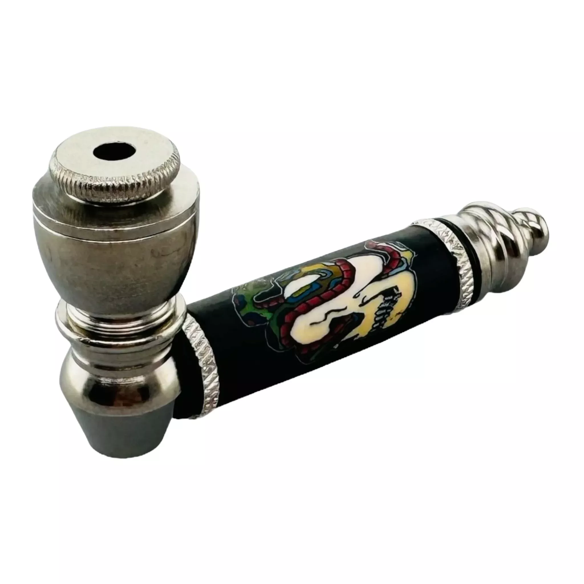 Metal Hand Pipes - Silver Chrome Hand Pipe Skull With Snake