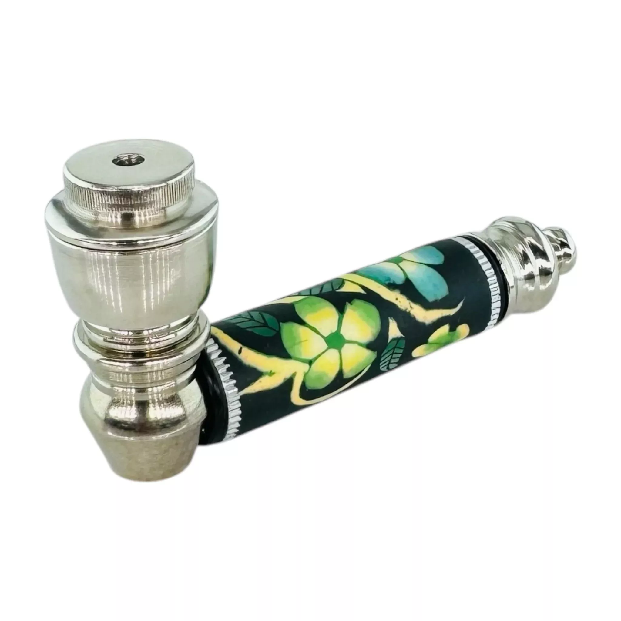 Metal Hand Pipes - Silver Chrome Hand Pipe With Black & Green Cherry Blossoms