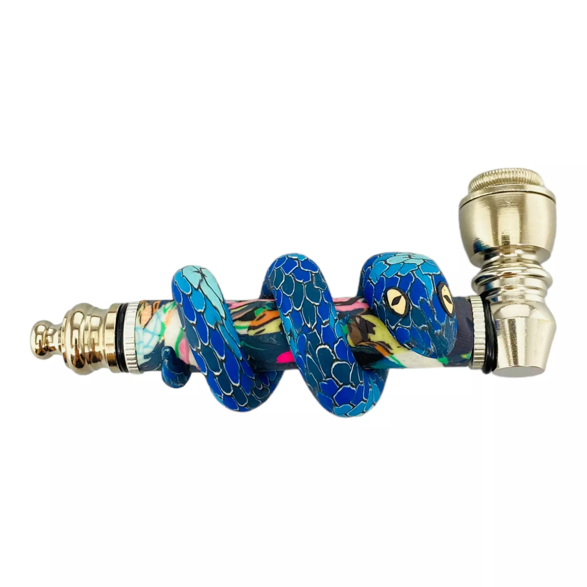 Metal Hand Pipes - Silver Chrome Hand Pipe With Blue Femo Clay Snake