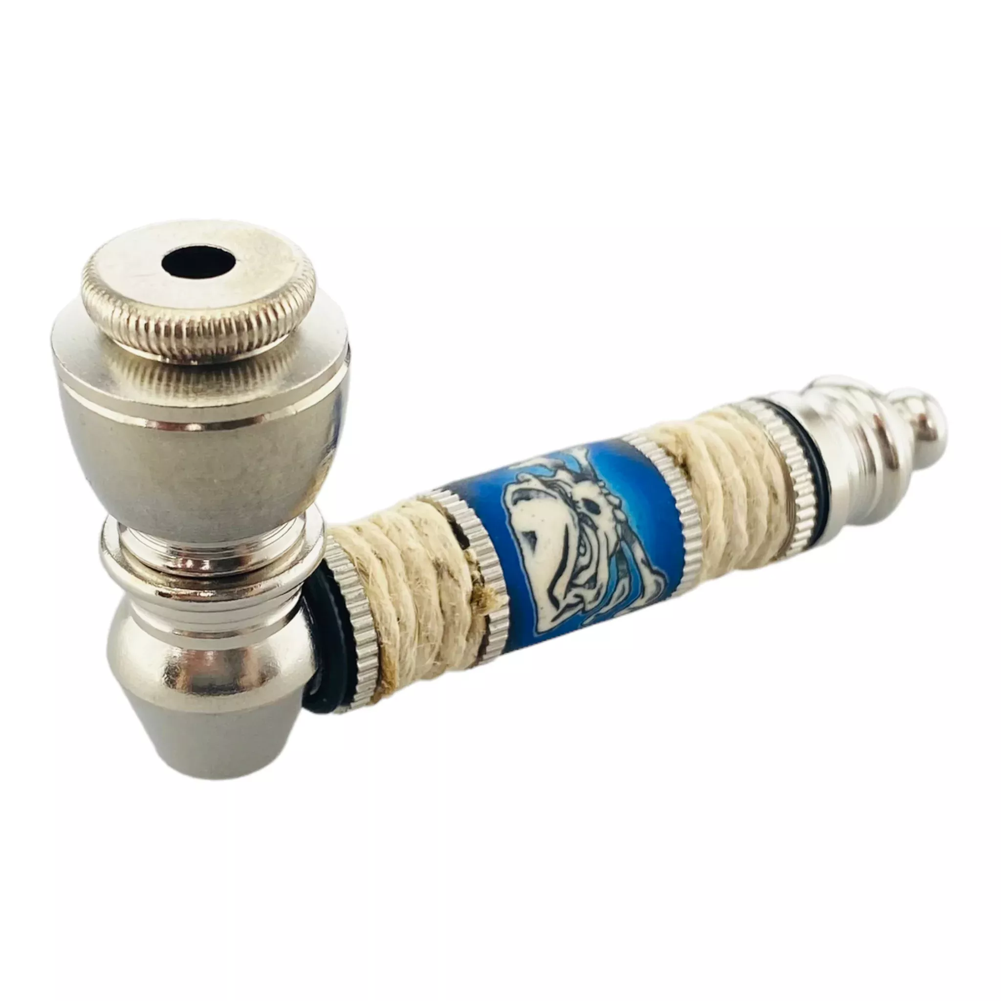 Metal Hand Pipes - Silver Chrome Hand Pipe With Blue Skull And Crossbones
