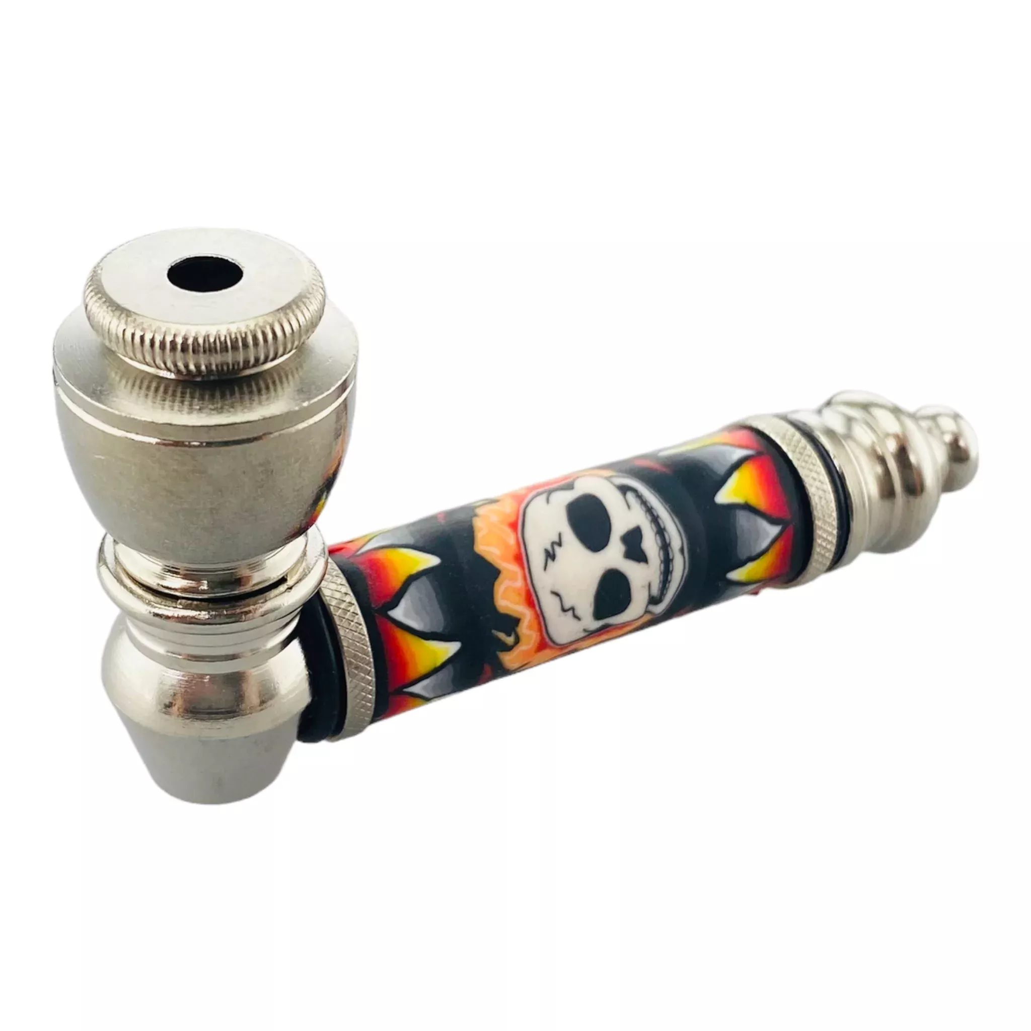 Metal Hand Pipes - Silver Chrome Hand Pipe With Flaming Skull