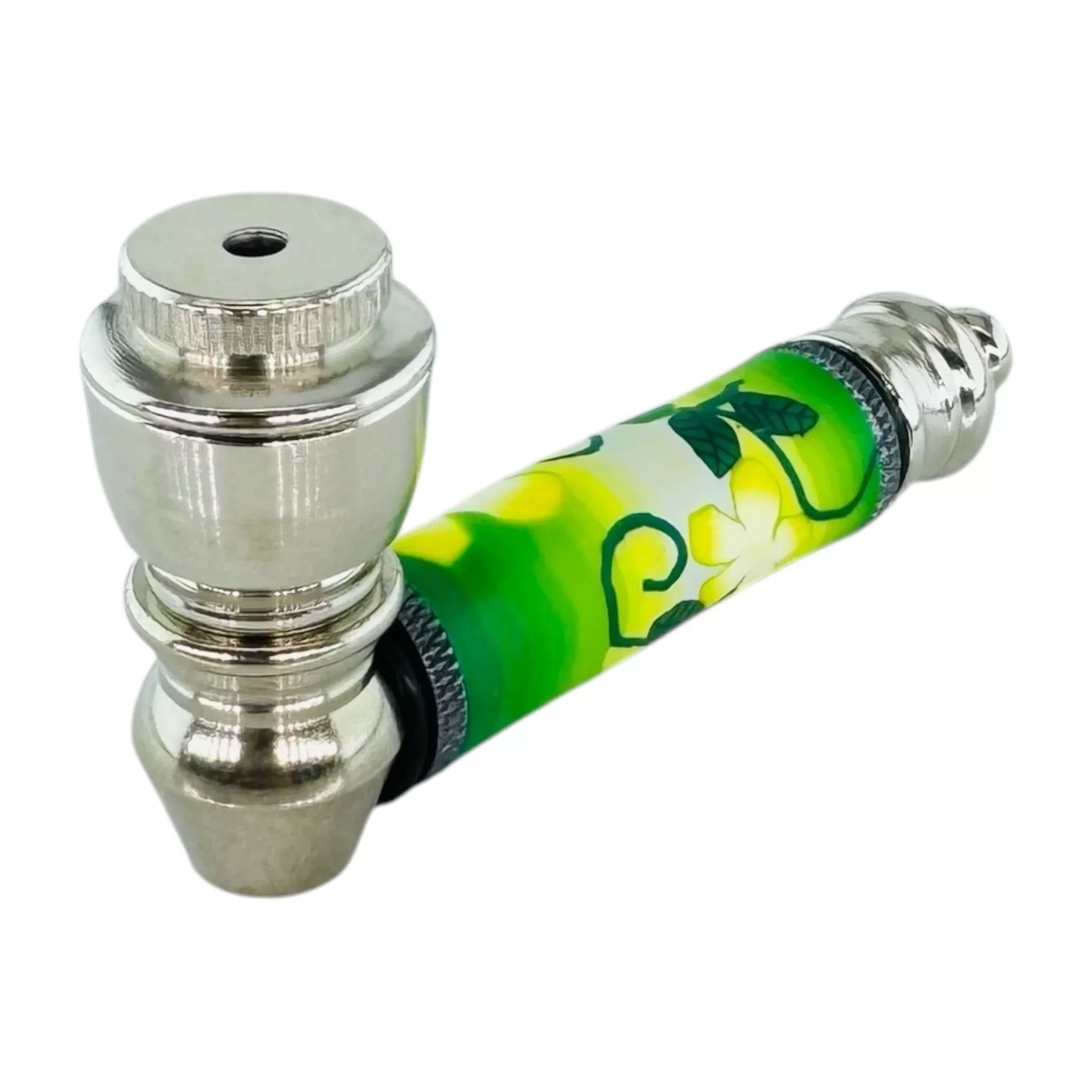 Metal Hand Pipes - Silver Chrome Hand Pipe With Green Cherry Blossoms