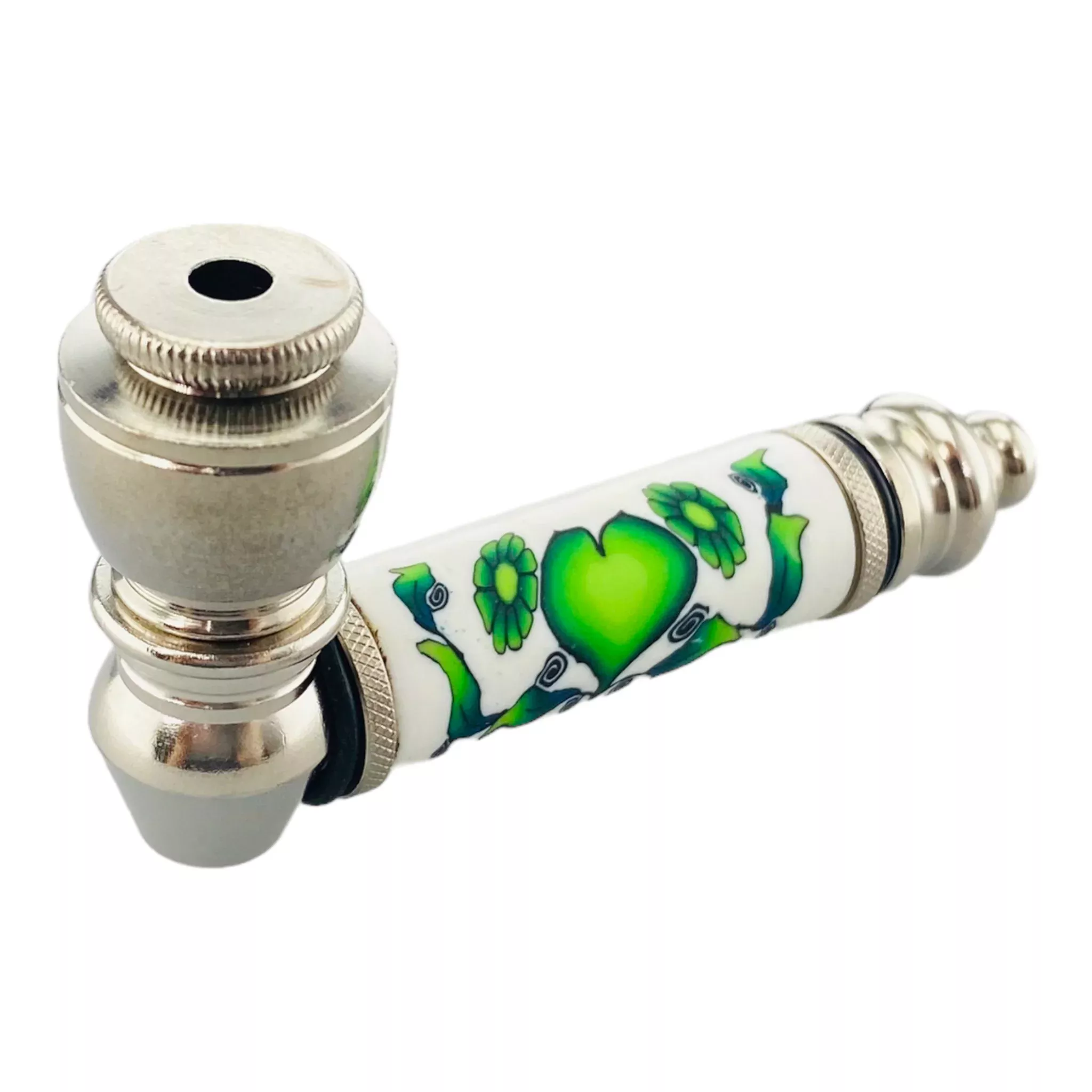 Metal Hand Pipes - Silver Chrome Hand Pipe With Green Heart And Flowers