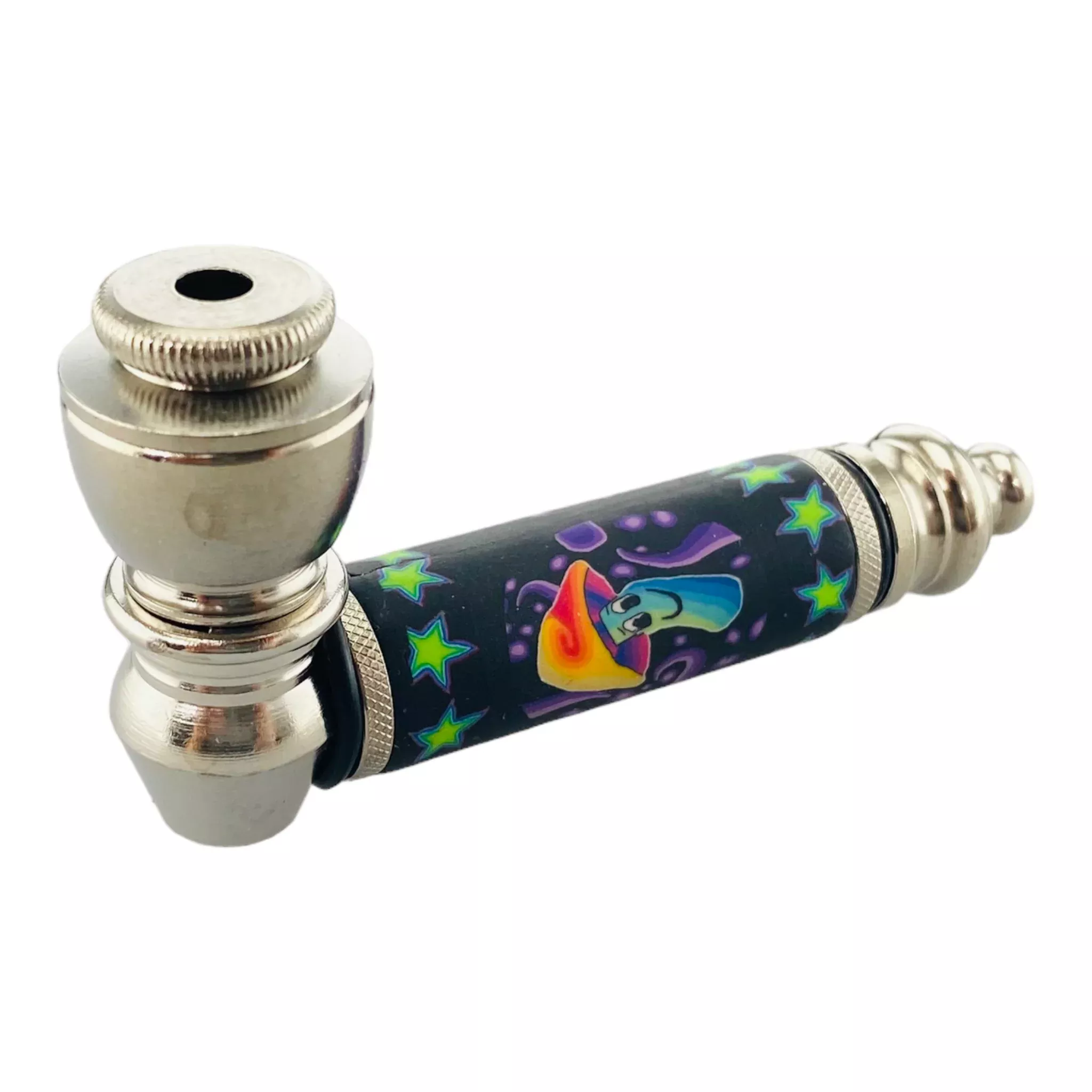 Metal Hand Pipes - Silver Chrome Hand Pipe With Happy Magic Mushroom