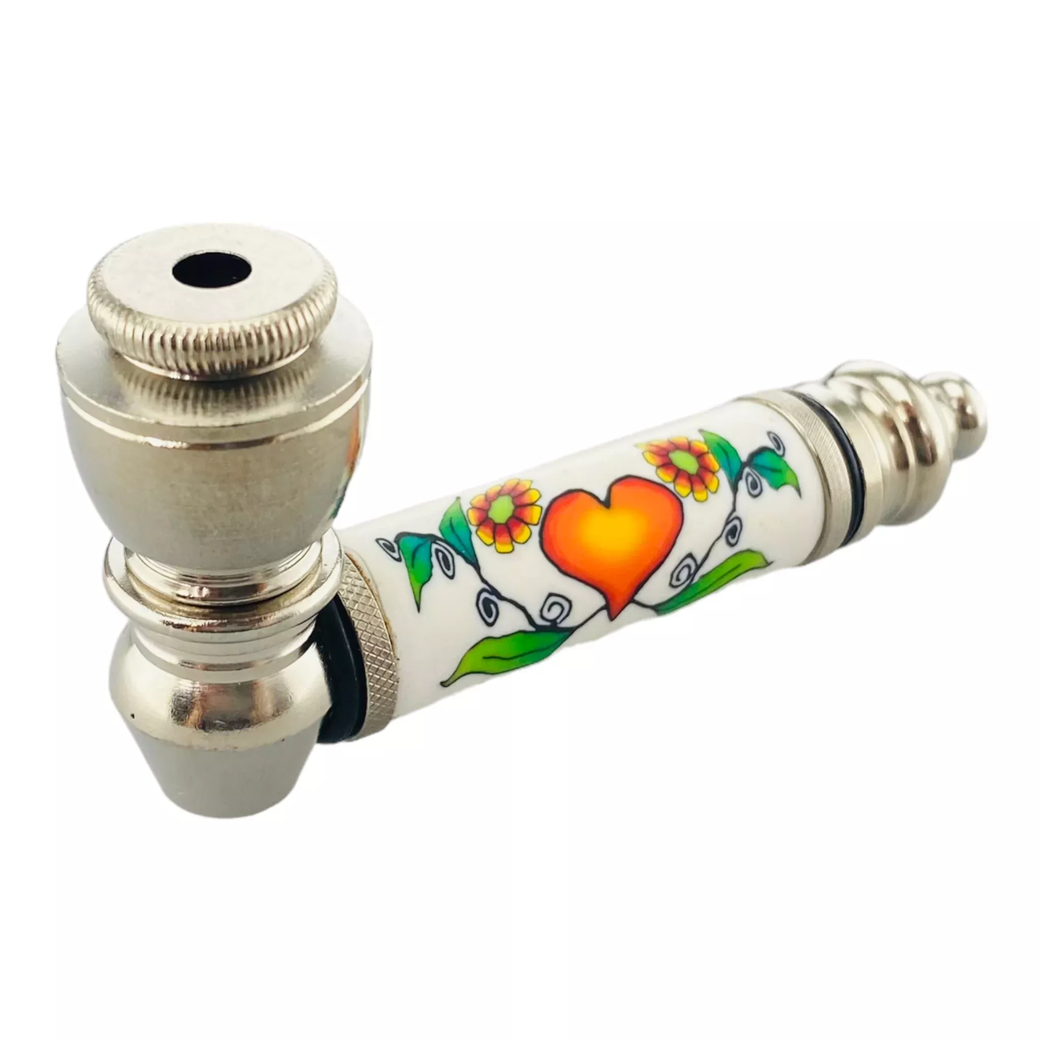 Metal Hand Pipes - Silver Chrome Hand Pipe With Orange Heart And Flowers