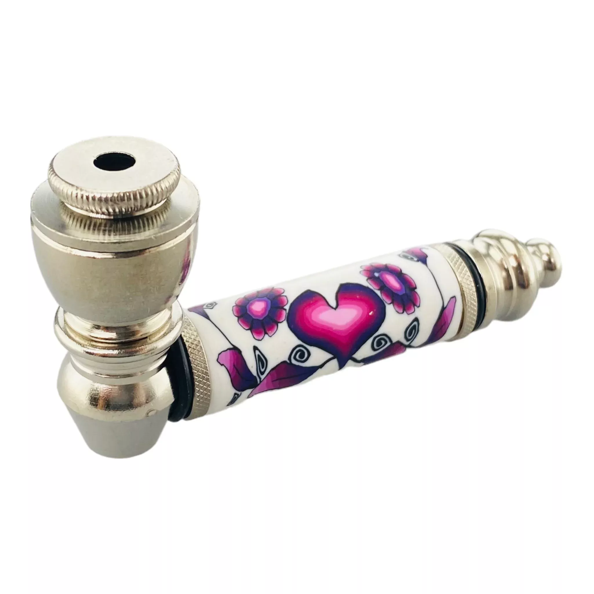 Metal Hand Pipes - Silver Chrome Hand Pipe With Purple Heart And Flowers