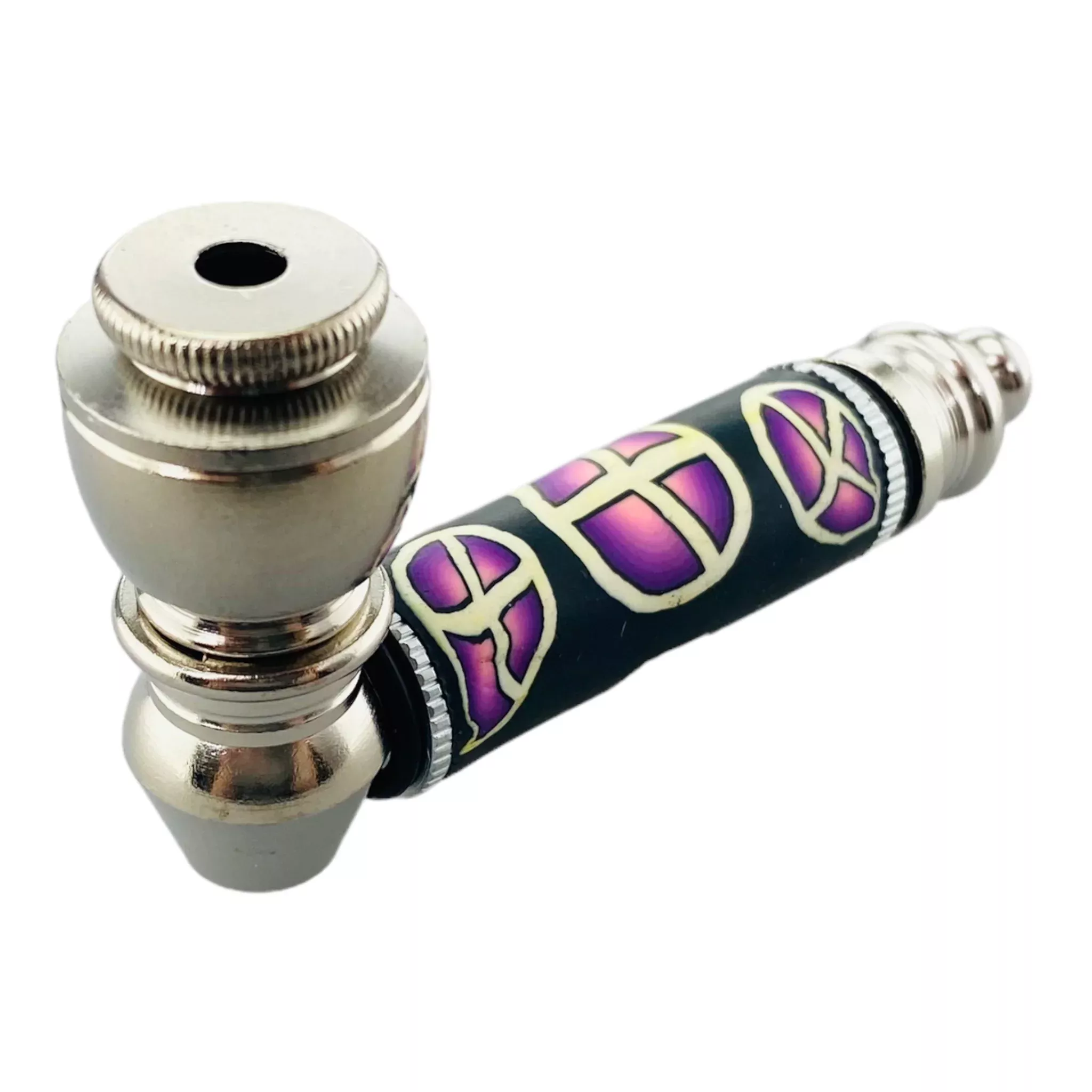 Metal Hand Pipes - Silver Chrome Hand Pipe With Purple Peace Signs
