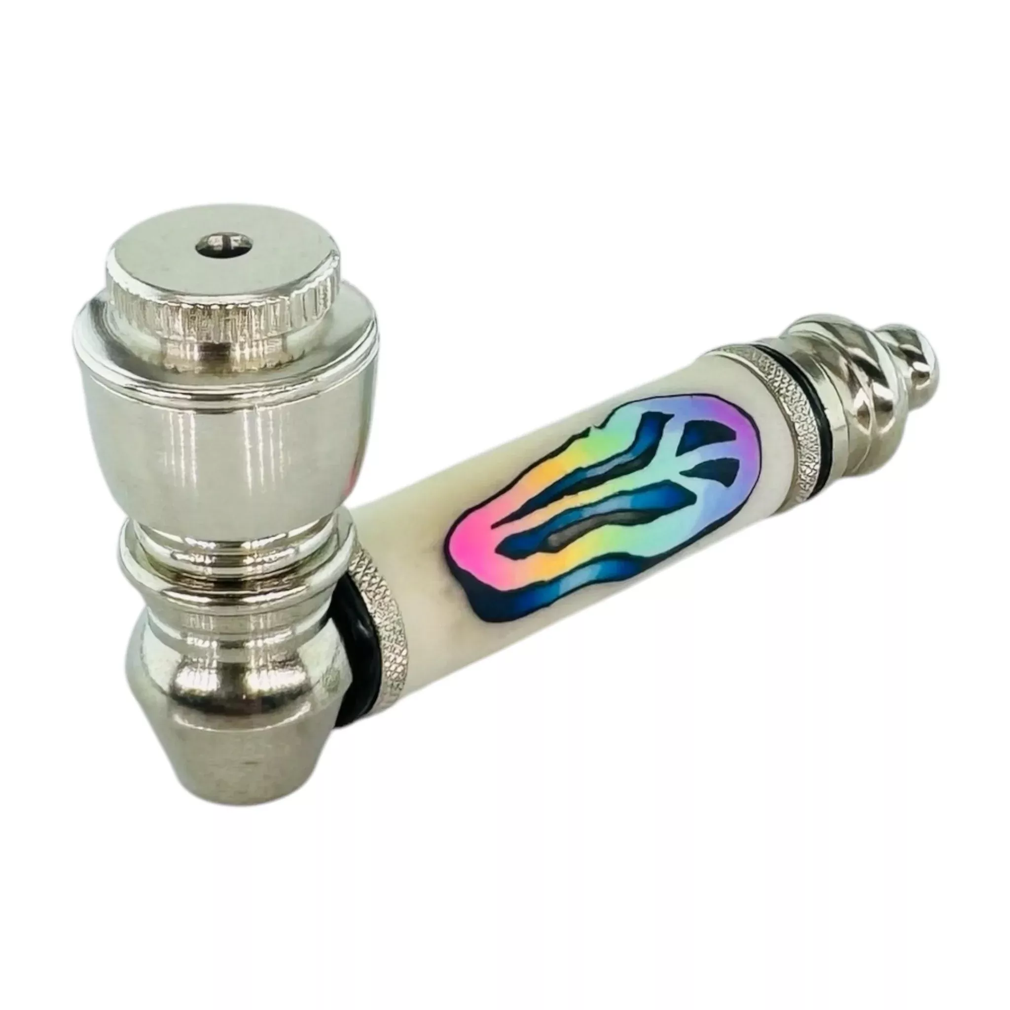 Metal Hand Pipes - Silver Chrome Hand Pipe With Rainbow Fade Peace Sign