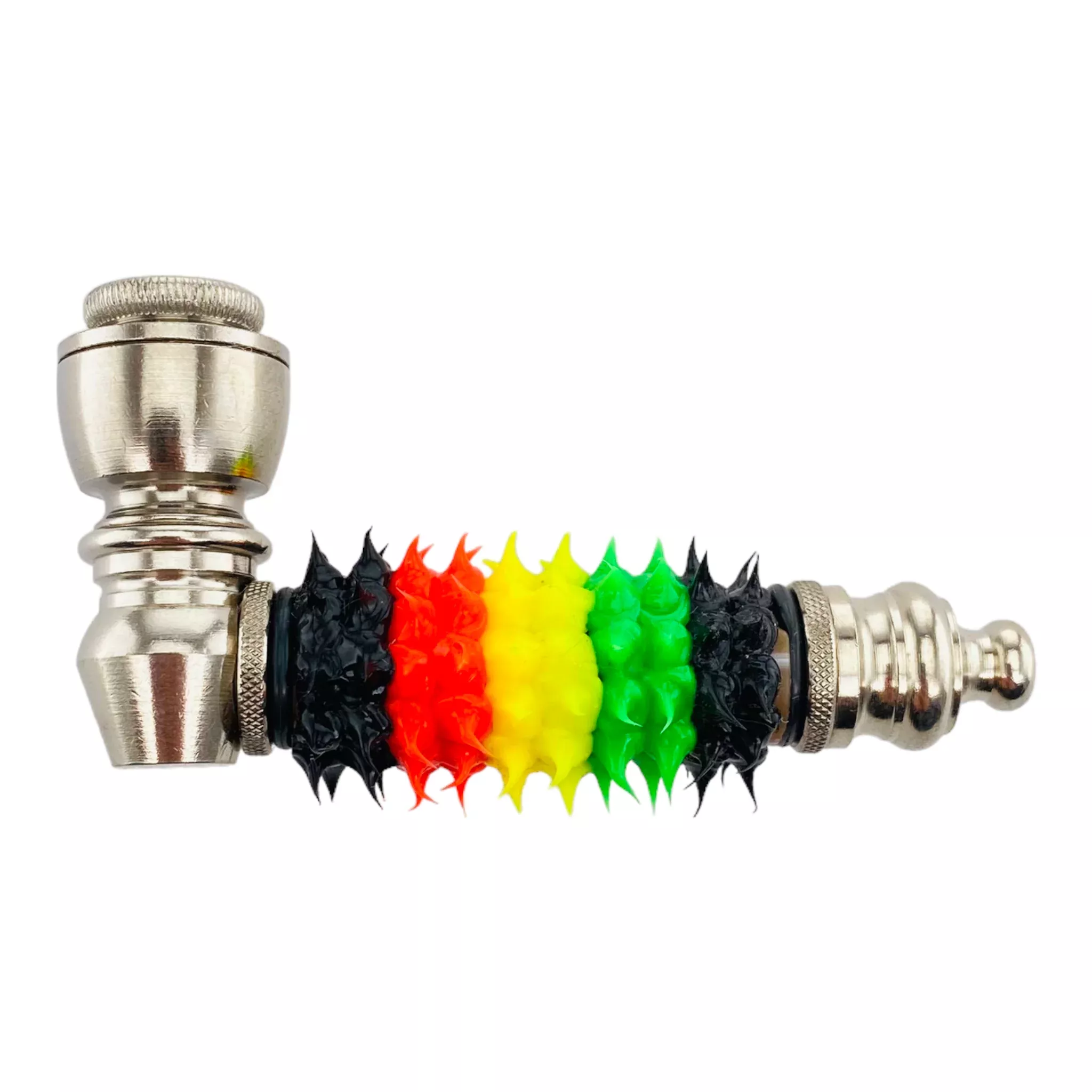 Metal Hand Pipes - Silver Chrome Hand Pipe With Rasta Silicone Spikes