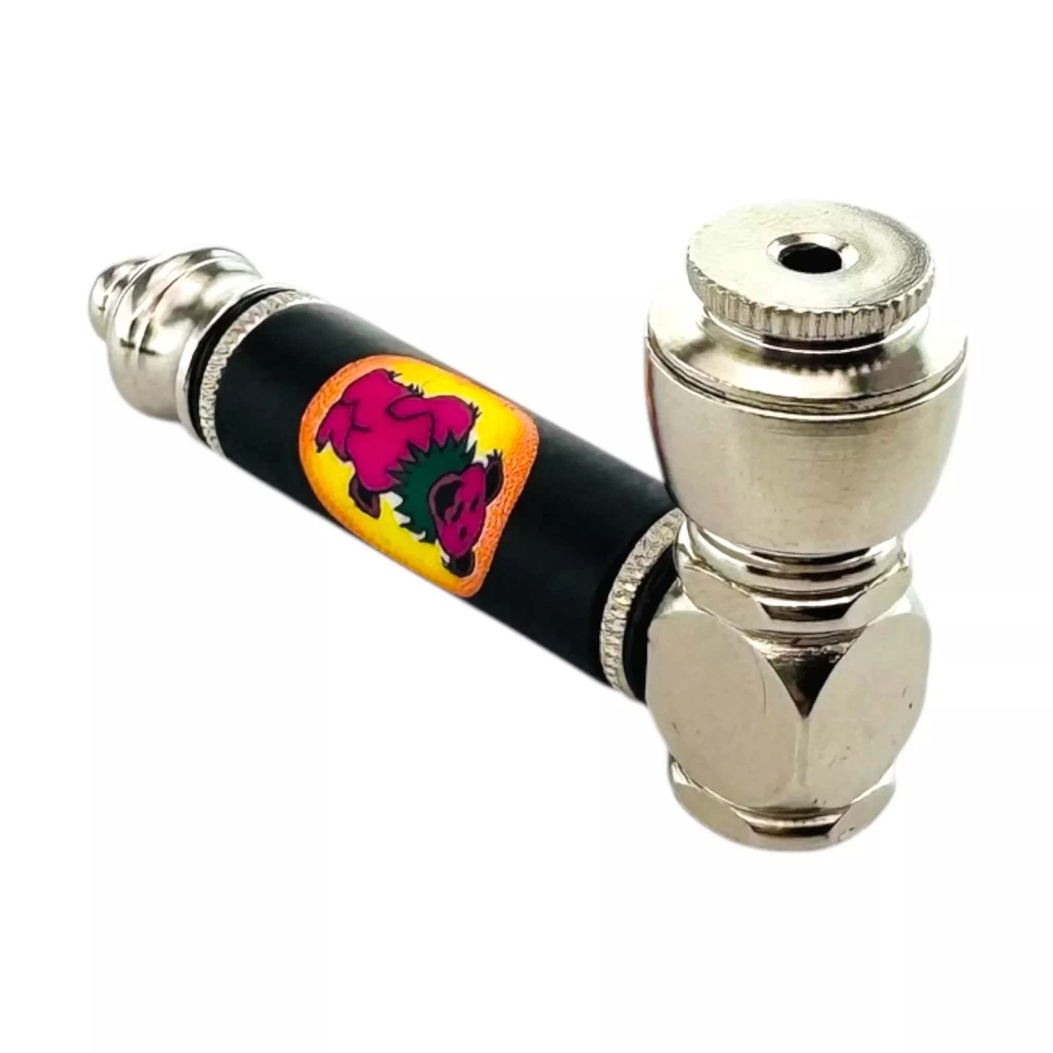 Metal Hand Pipes - Silver Chrome Hand Pipe With Red Dancing Bear