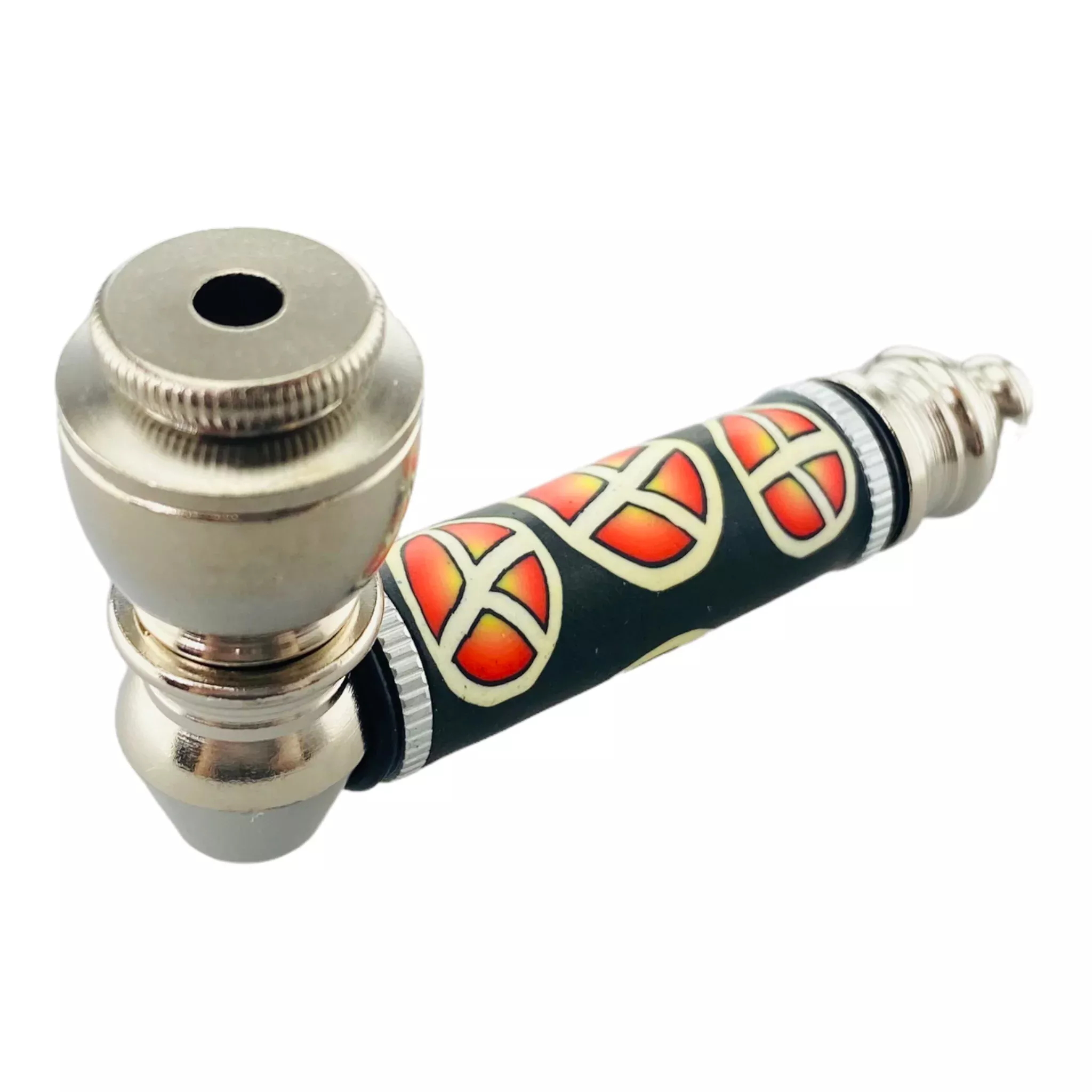Metal Hand Pipes - Silver Chrome Hand Pipe With Sunburst Peace Signs