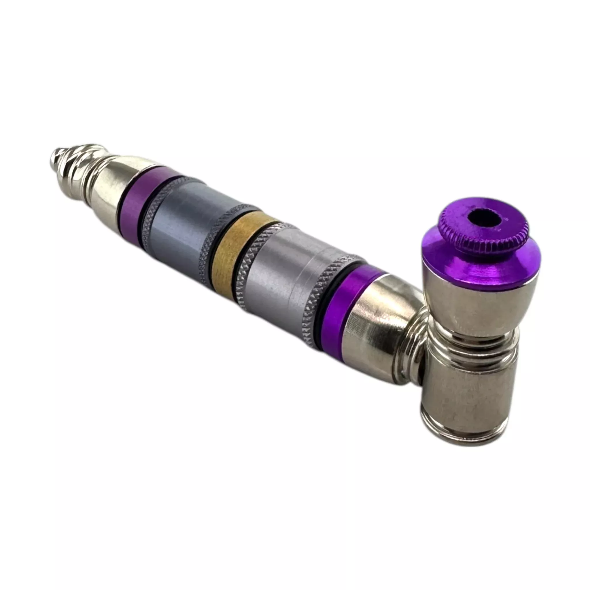 Metal Hand Pipes - Silver Purple And Gold Extra Large Extended Chamber Hand Pipe With Lid