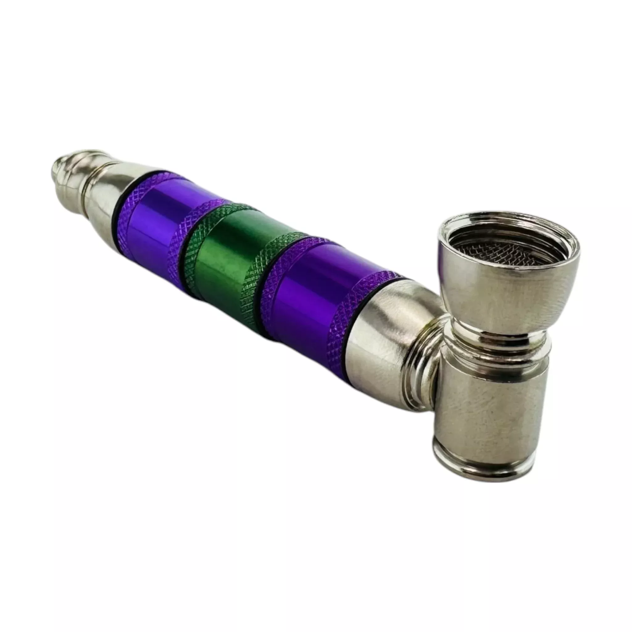 Metal Hand Pipes - Silver Purple And Green Extra Large Extended Chamber Hand Pipe