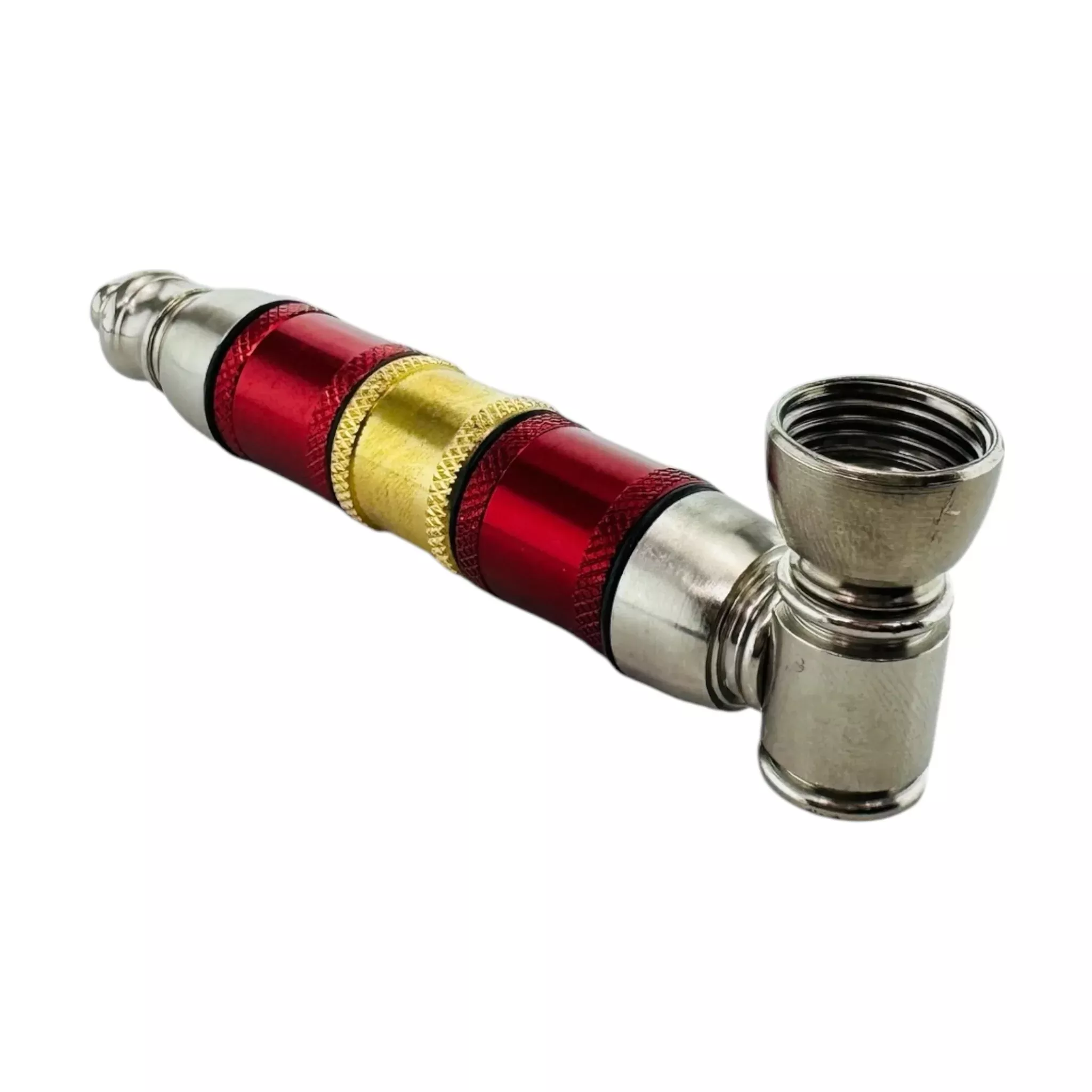 Metal Hand Pipes - Silver Red And Gold Extra Large Extended Chamber Hand Pipe