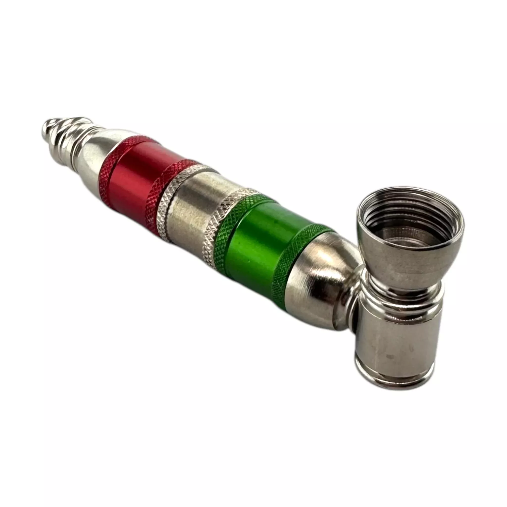 Metal Hand Pipes - Silver Red And Green Extra Large Extended Chamber Hand Pipe