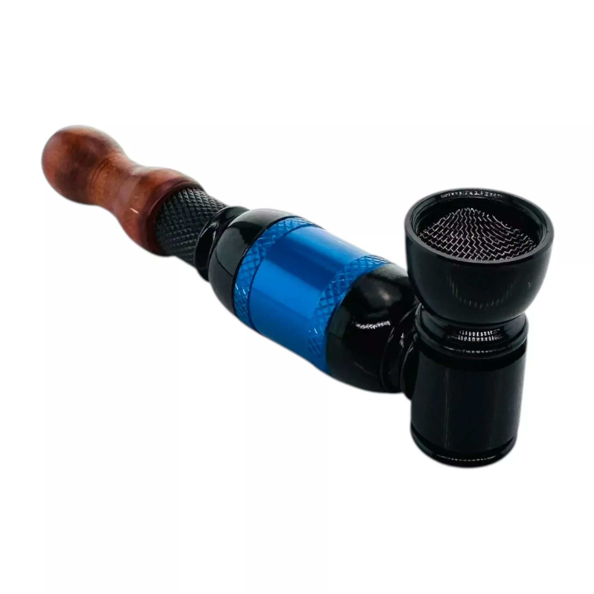 Metal Smoking Pipe Black And Blue Large Chamber Hand Pipe With Wood Mouthpiece