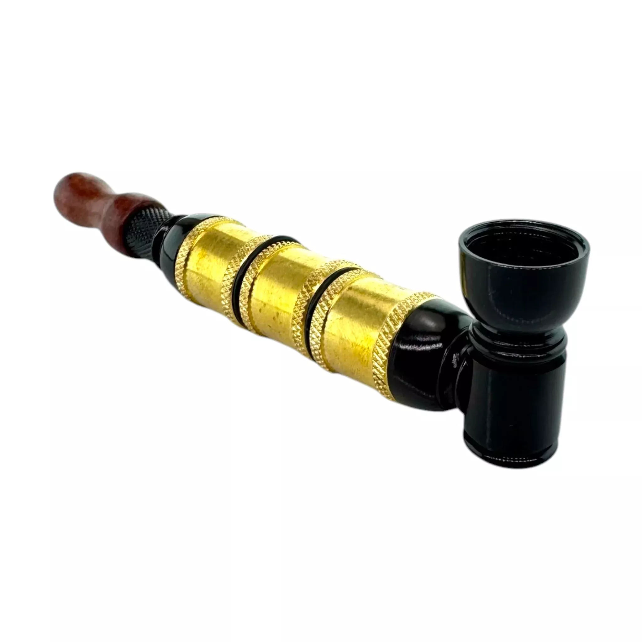 Metal Smoking Pipe Black And Gold Extra Extended Large Chamber Hand Pipe With Wood Mouthpiece